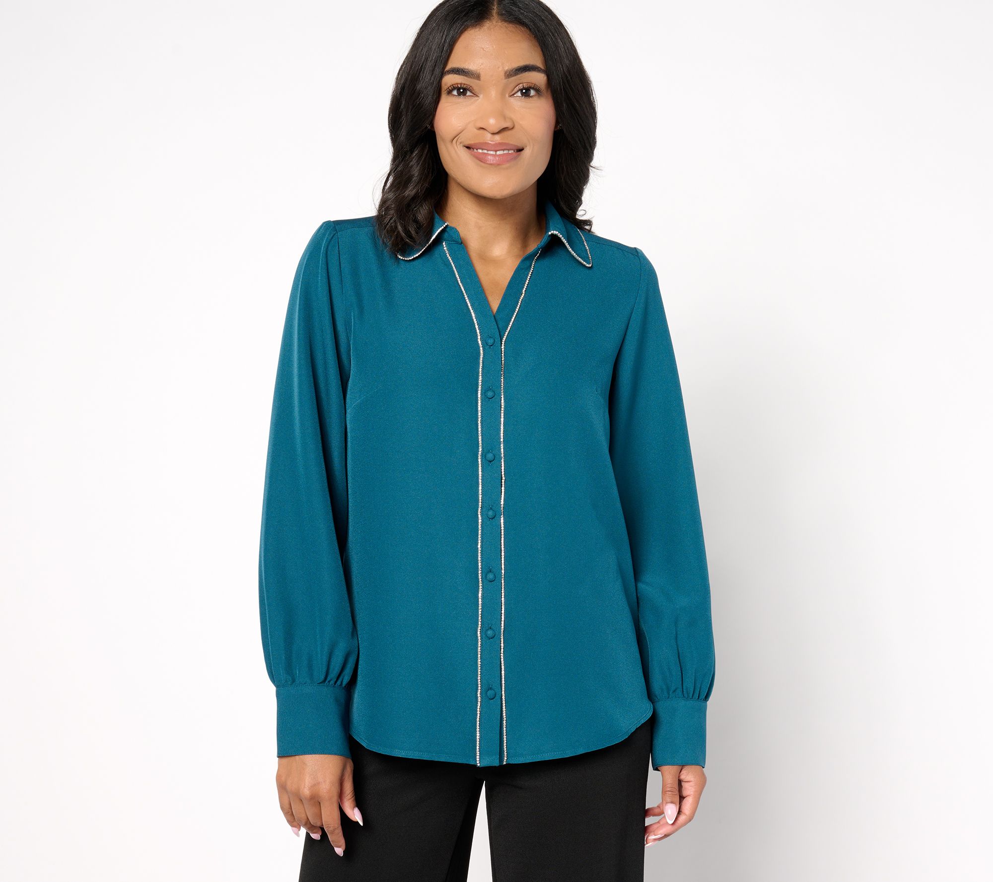 "As Is" Denim & Co. Signature Button Up Sparkle Trim Top