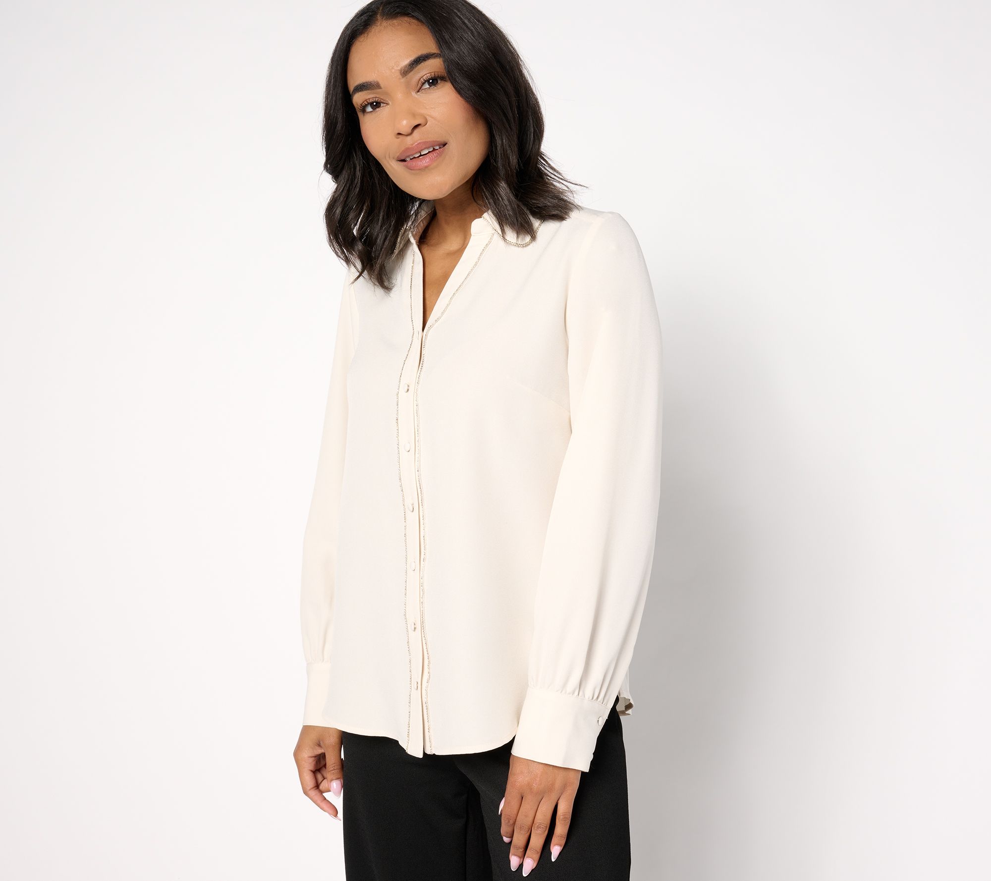 "As Is" Denim & Co. Signature Button Up Sparkle Trim Top