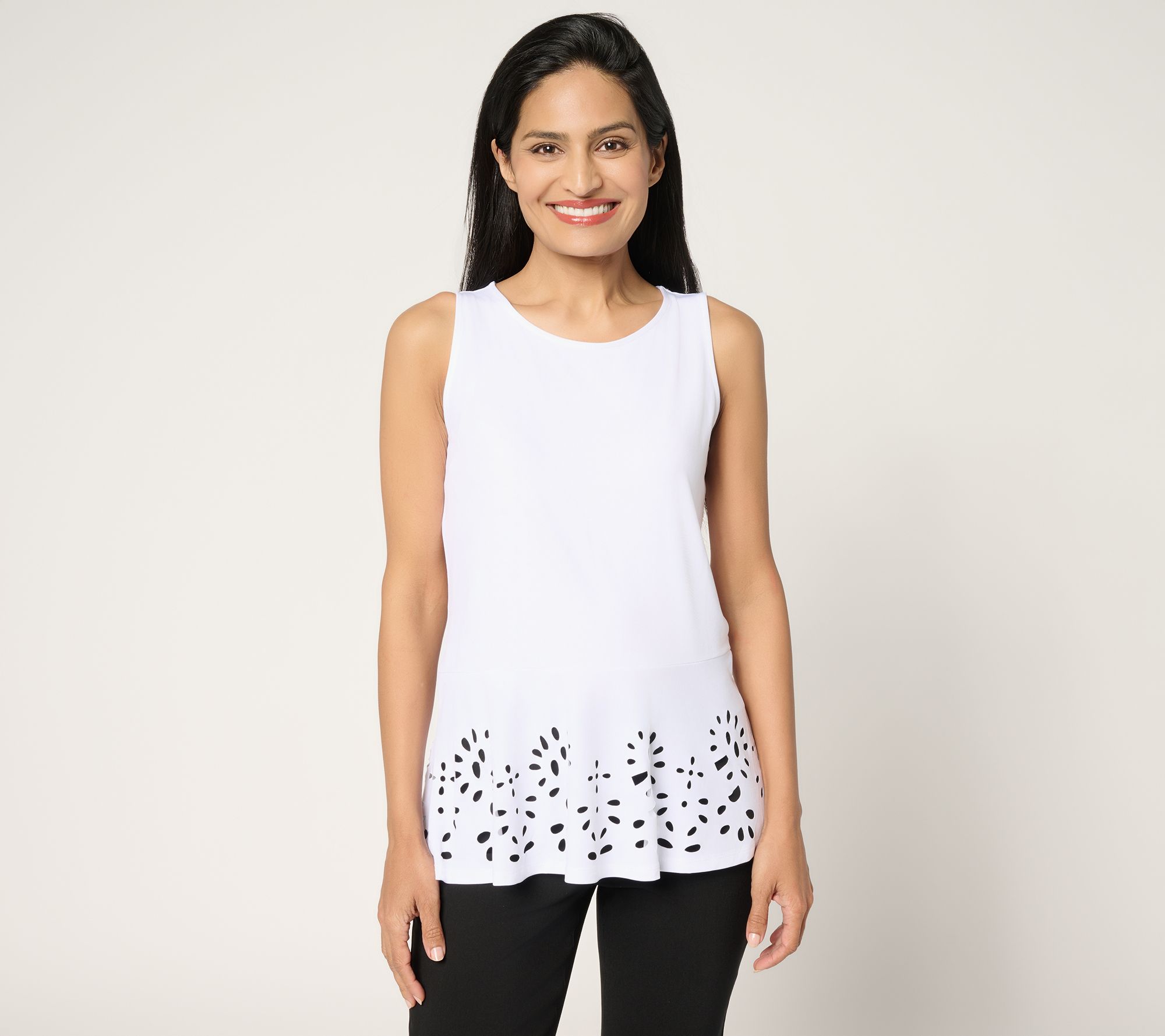 Susan Graver Liquid Knit Sleeveless Peplum Top with Laser Cut Hem