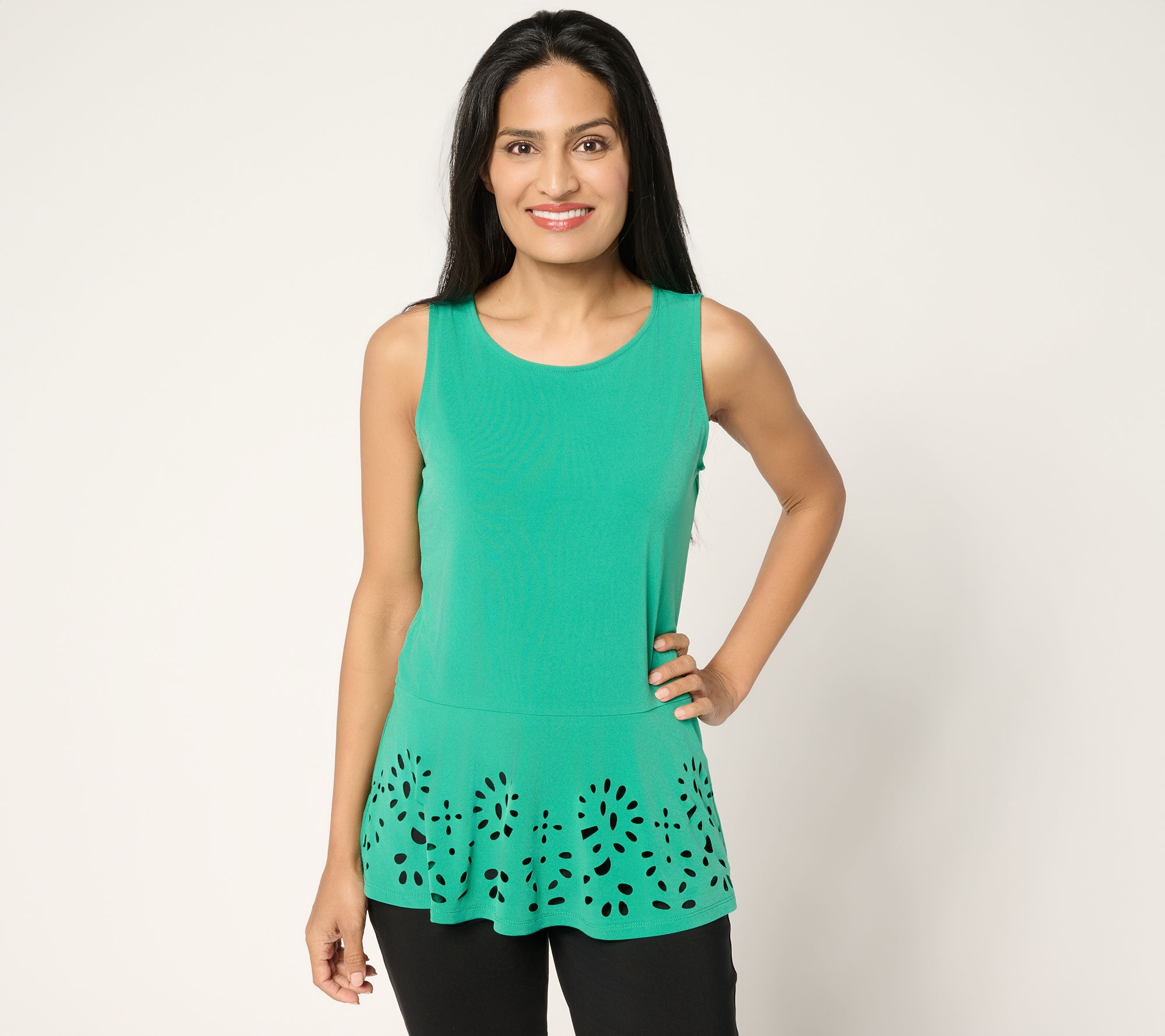 Susan Graver Liquid Knit Sleeveless Peplum Top with Laser Cut Hem