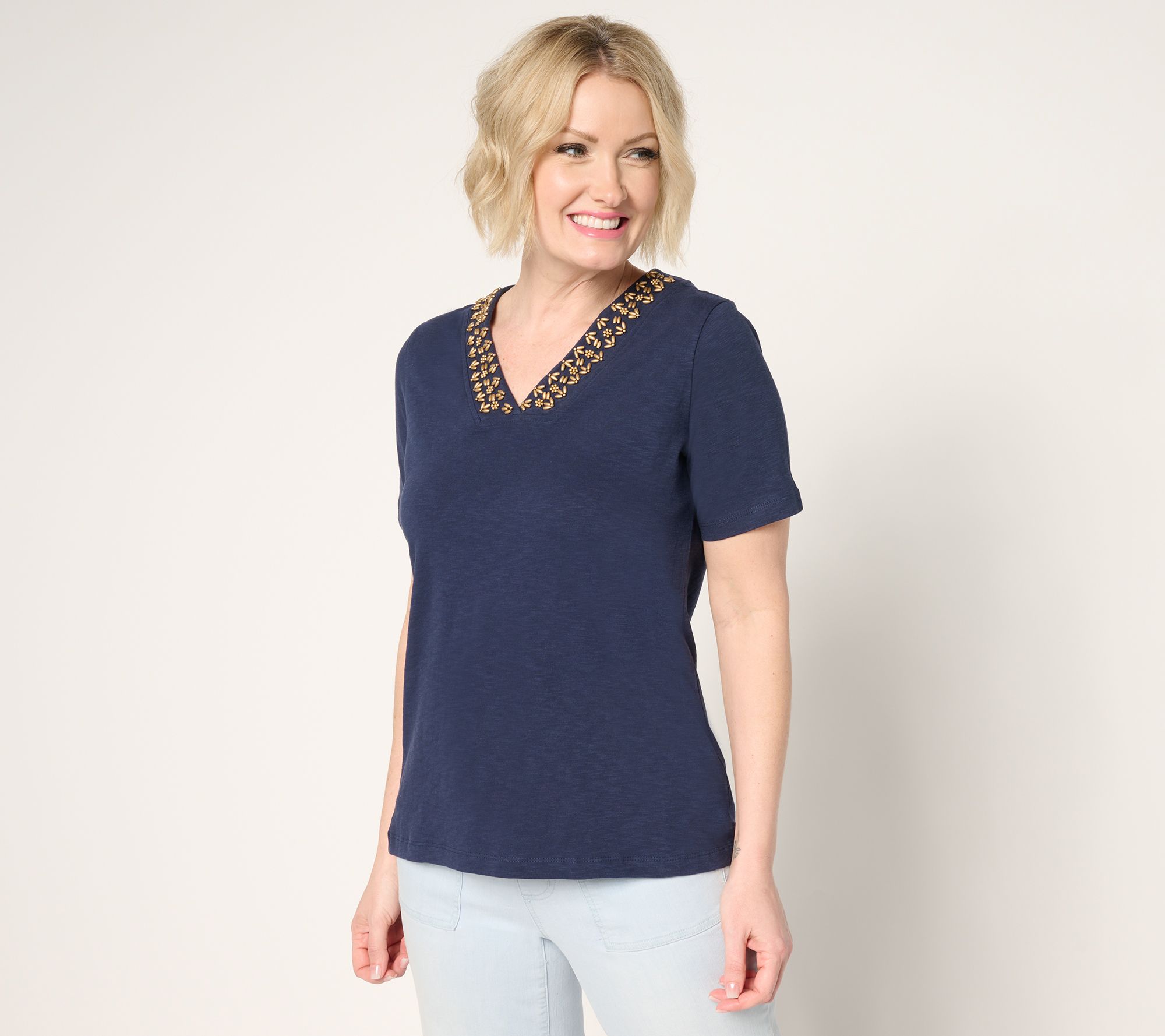 Denim & Co. 100% Cotton Beaded V-Neck Short Sleeve Top