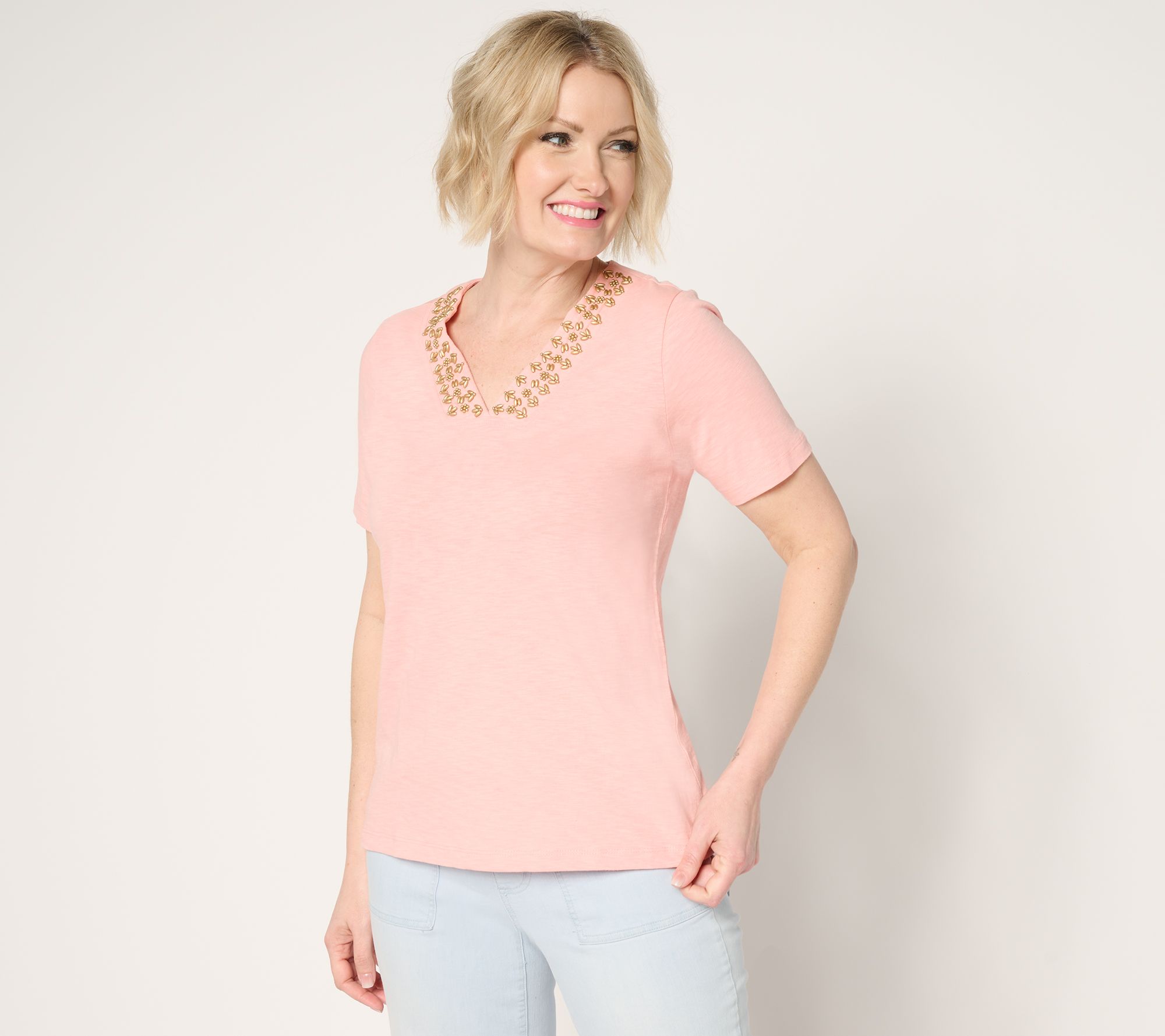 Denim & Co. 100% Cotton Beaded V-Neck Short Sleeve Top