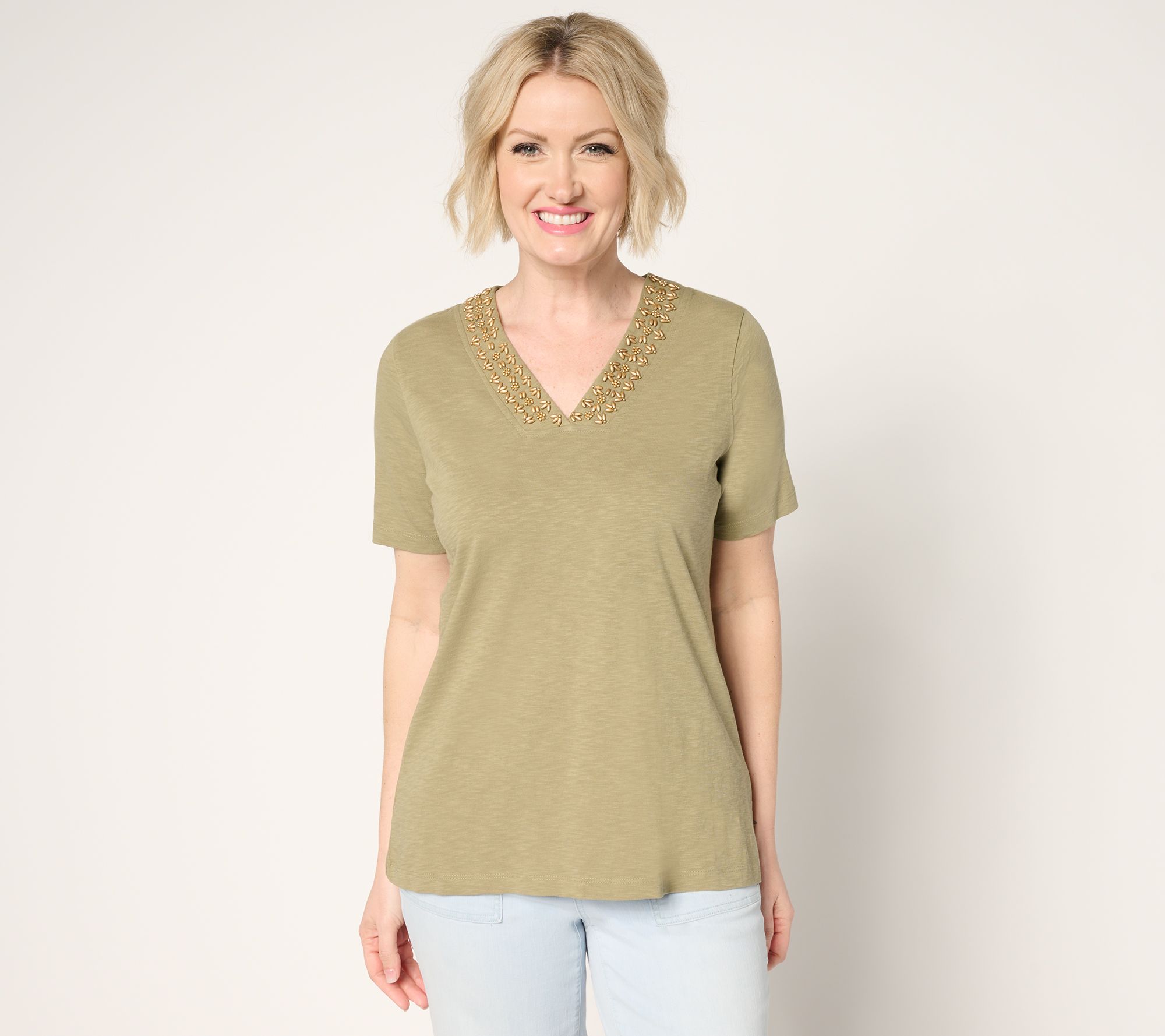 Denim & Co. 100% Cotton Beaded V-Neck Short Sleeve Top