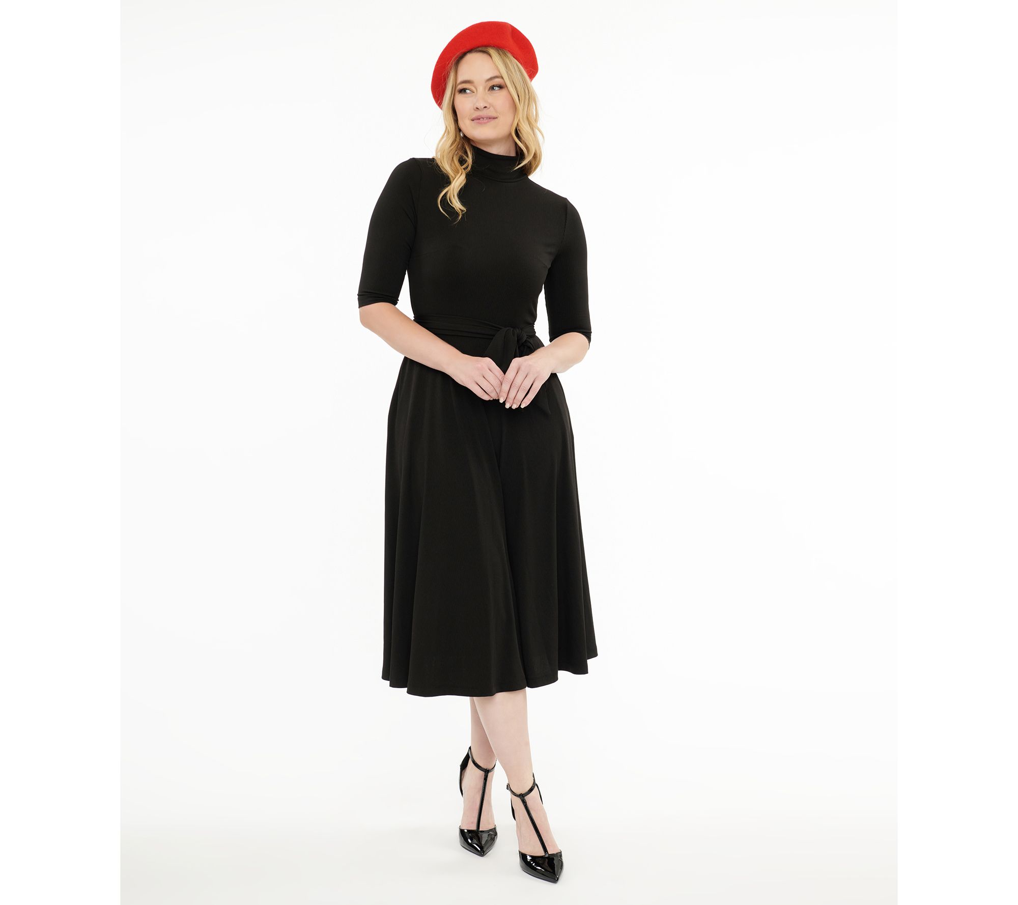 Unique Vintage 1950s Black Turtle Neck Fit Flare Dress QVC