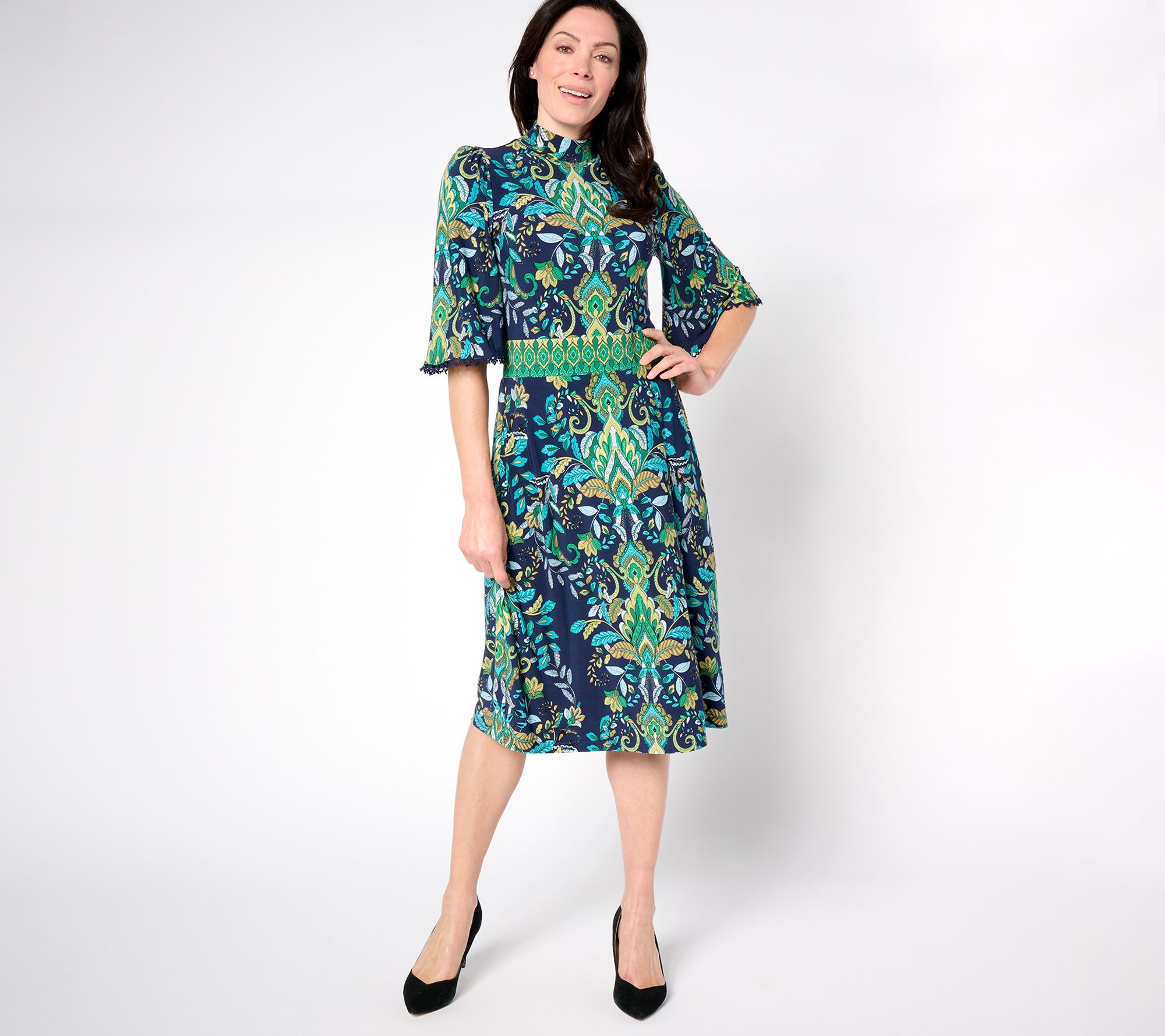 "As Is" Susan Graver Petite Printed Liquid Knit Mock Neck Midi Dress
