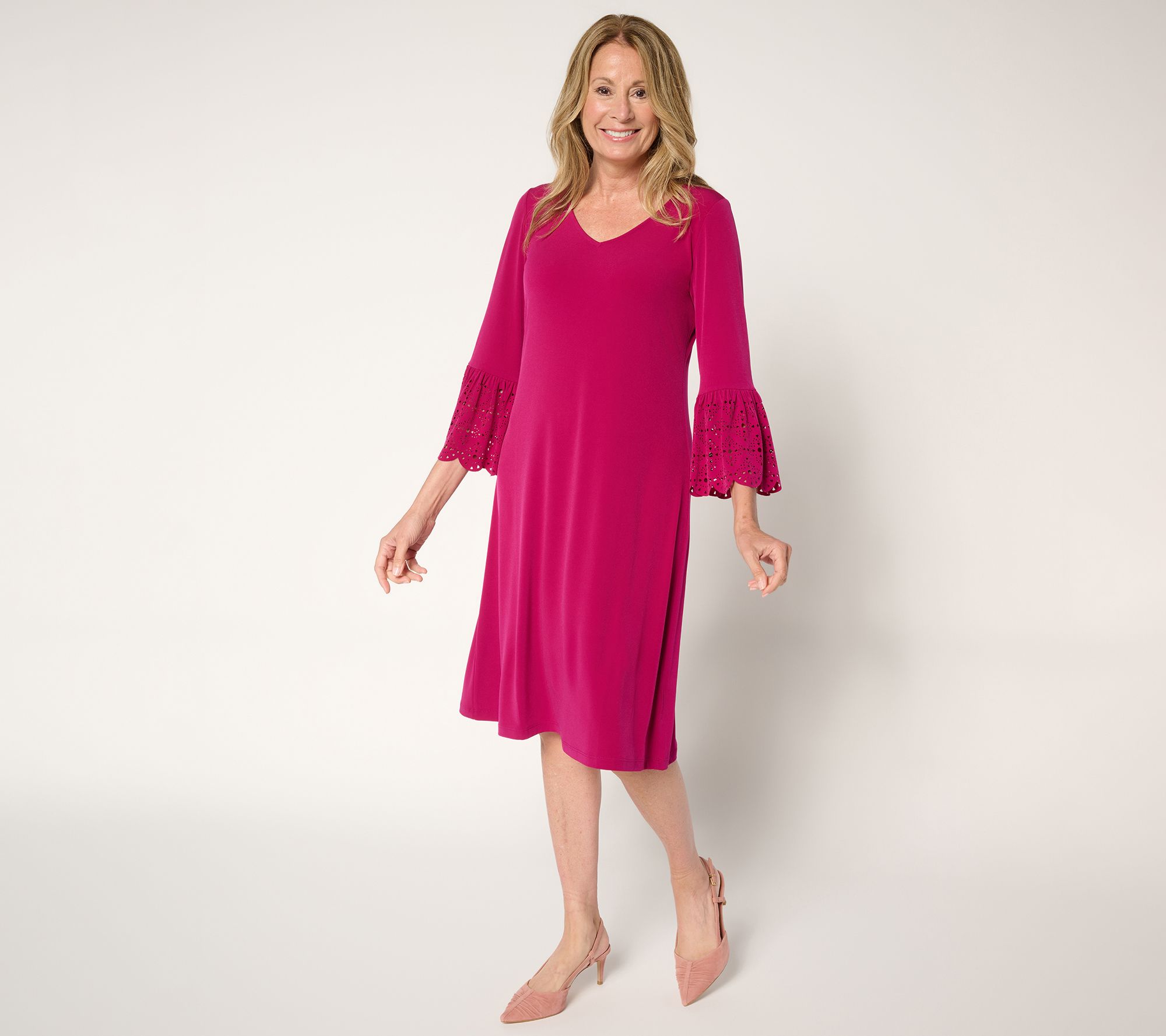 Susan Graver Regular Liquid Knit Dress w/ Laser Cut Sleeve Detail