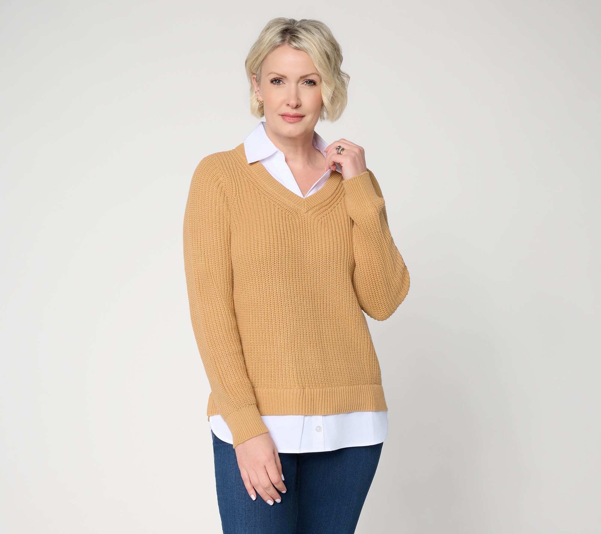 Belle by Kim Gravel Mixed Media Shaker Knit Pullover w/ Blouse Inset