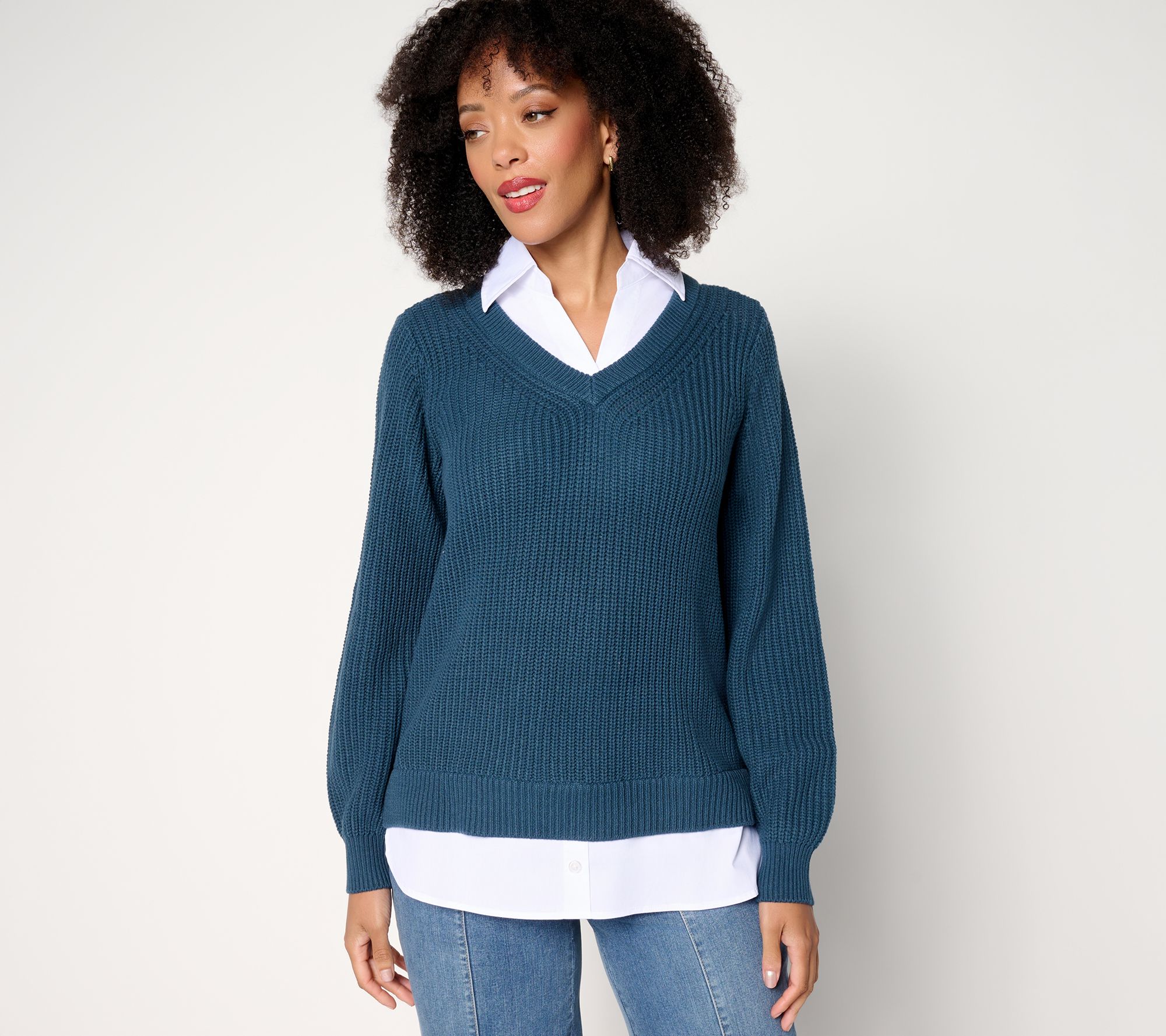 Belle by Kim Gravel Mixed Media Shaker Knit Pullover w/ Blouse Inset