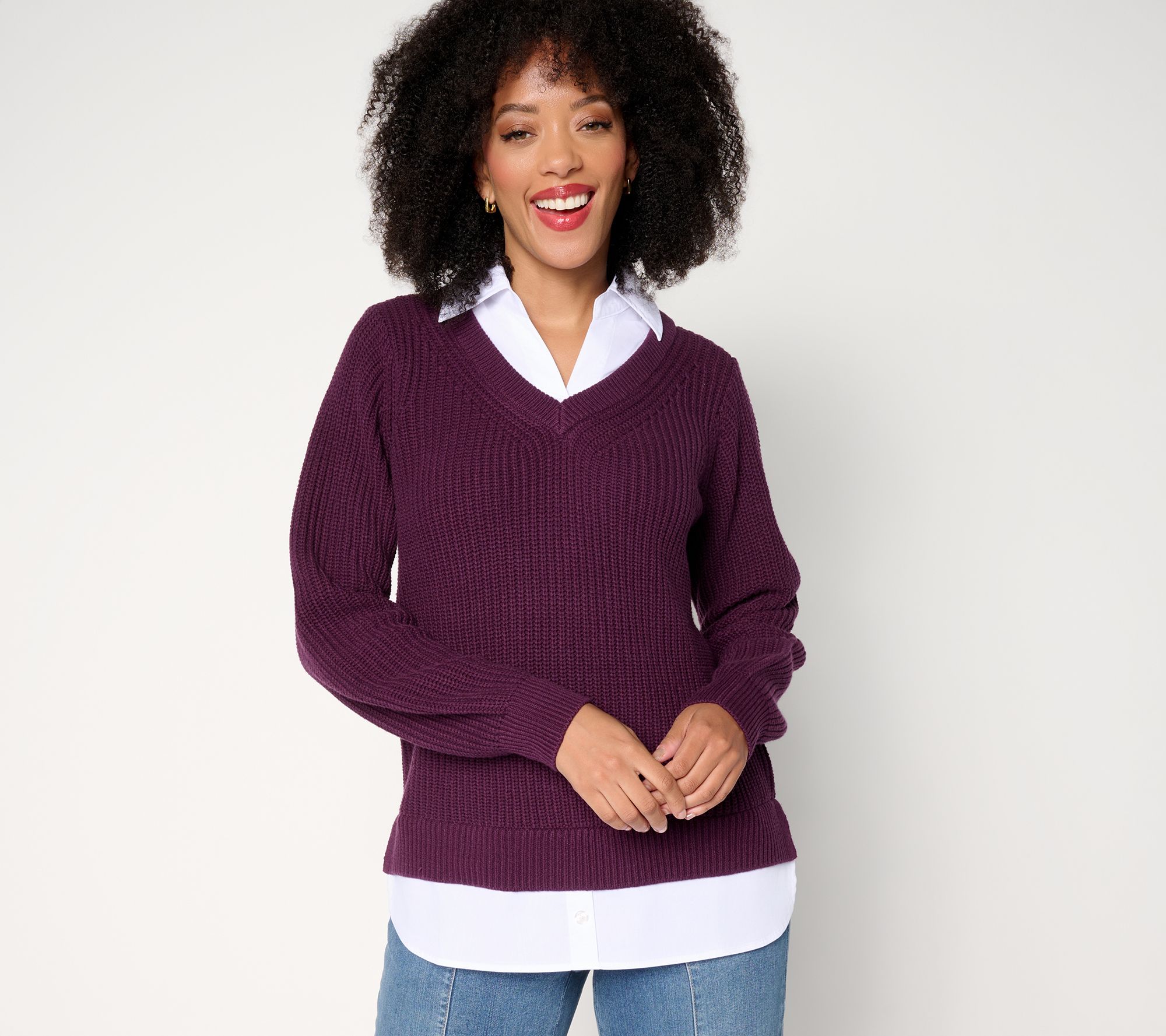 Belle by Kim Gravel Mixed Media Shaker Knit Pullover w/ Blouse Inset