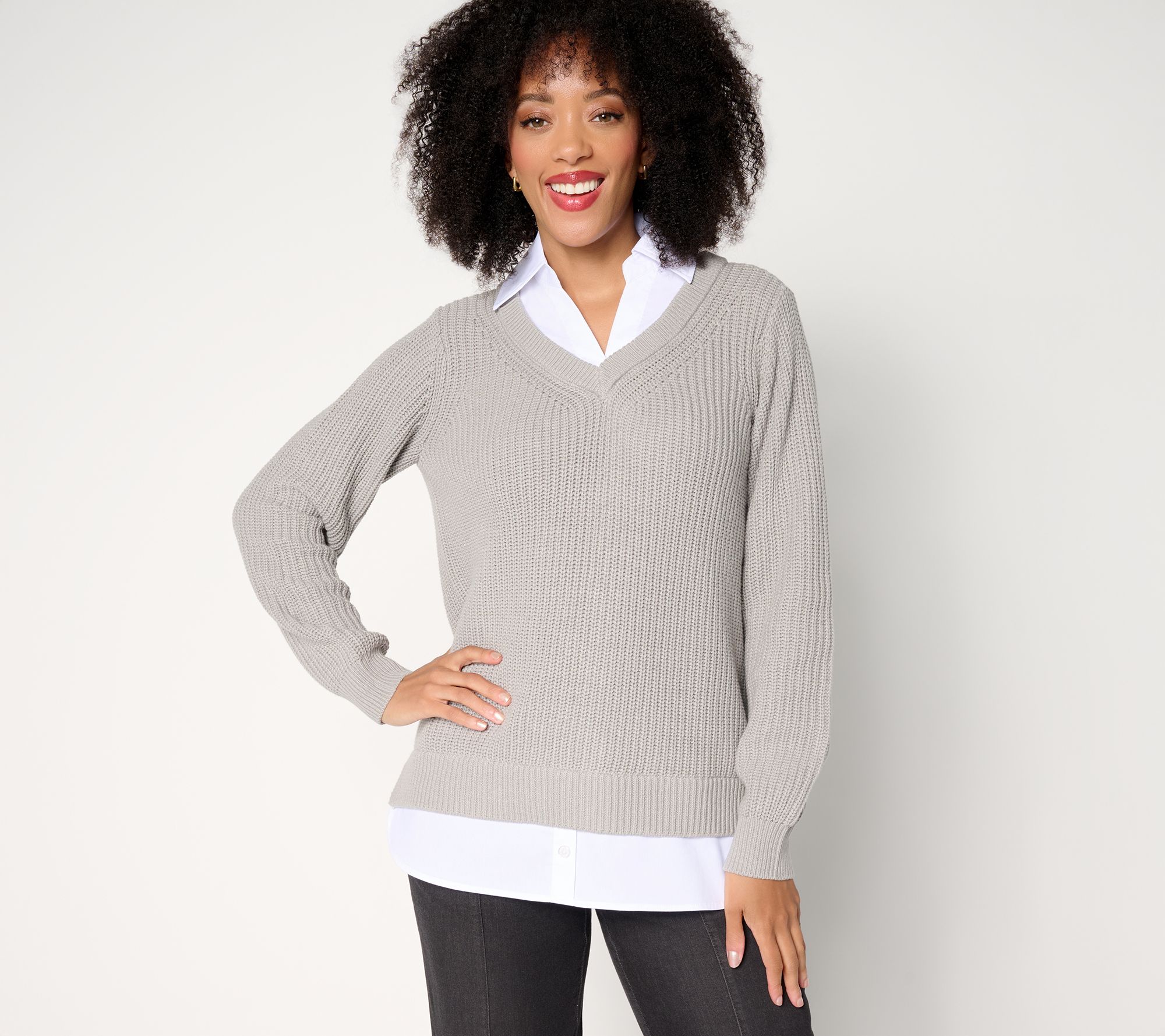 Belle by Kim Gravel Mixed Media Shaker Knit Pullover w/ Blouse Inset