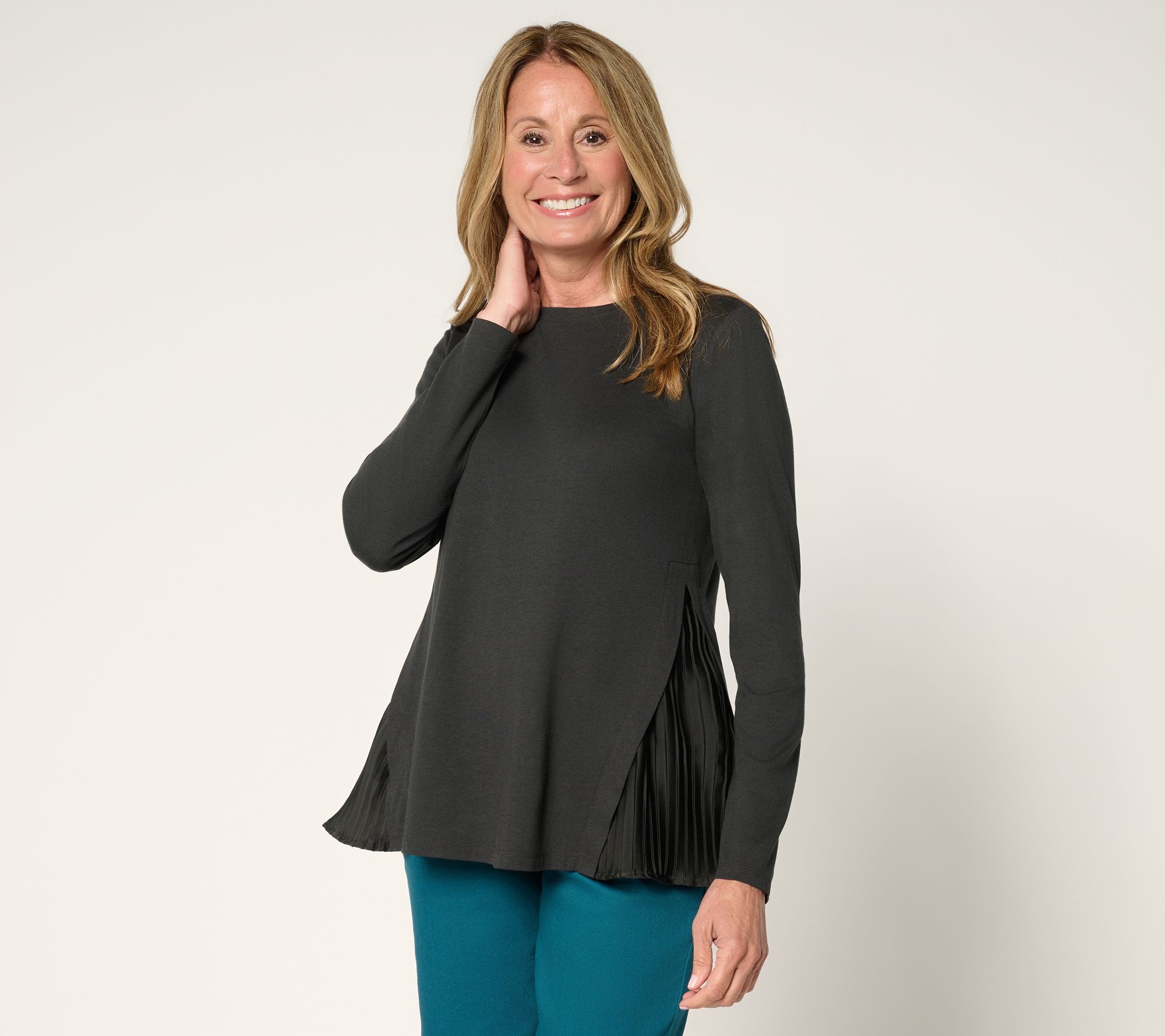 LOGO by Lori Goldstein Long Sleeve Tee with Side Pleats