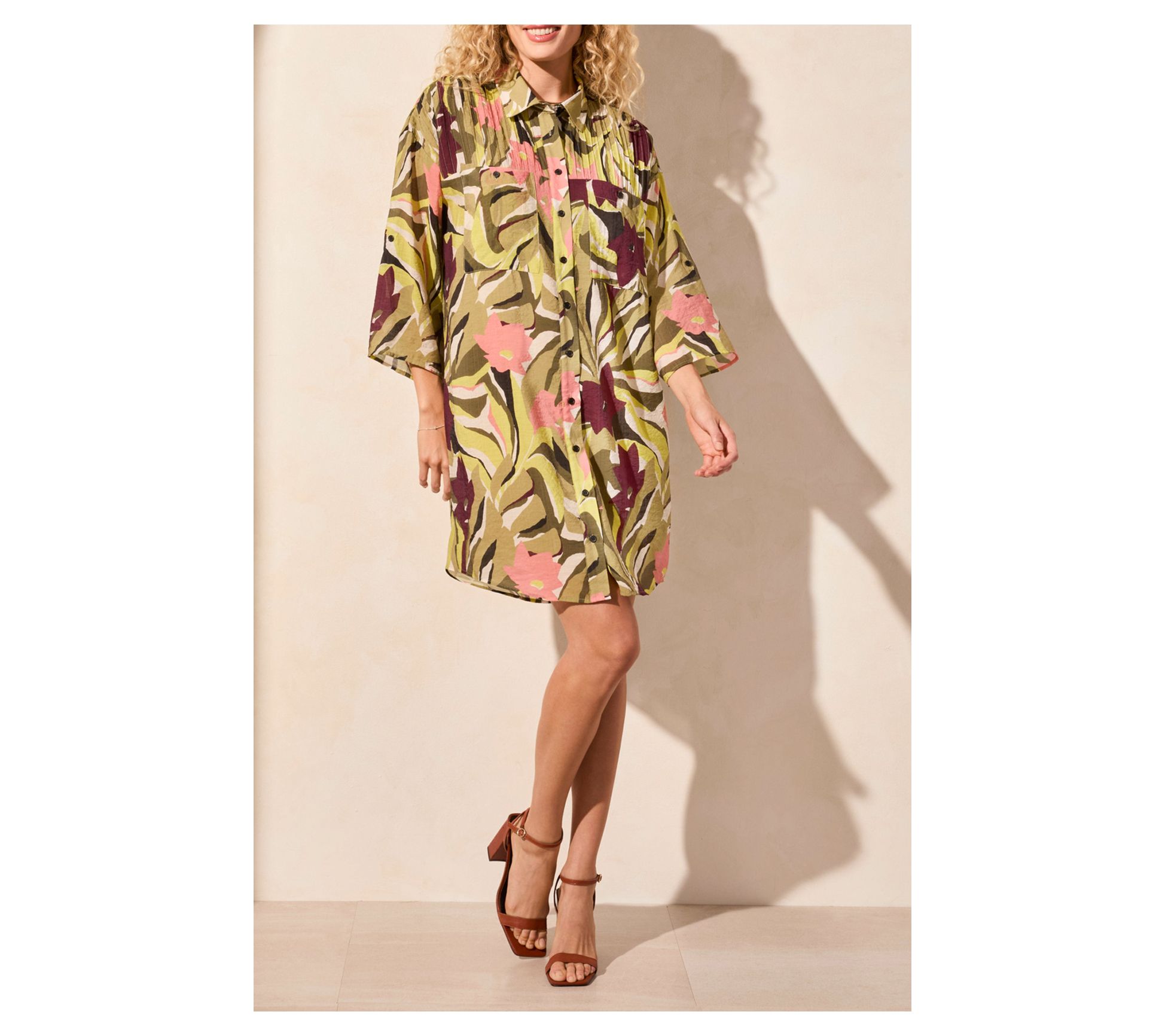 Tribal Flowy Pin Tuck Dress With Roll-Up Sleeves
