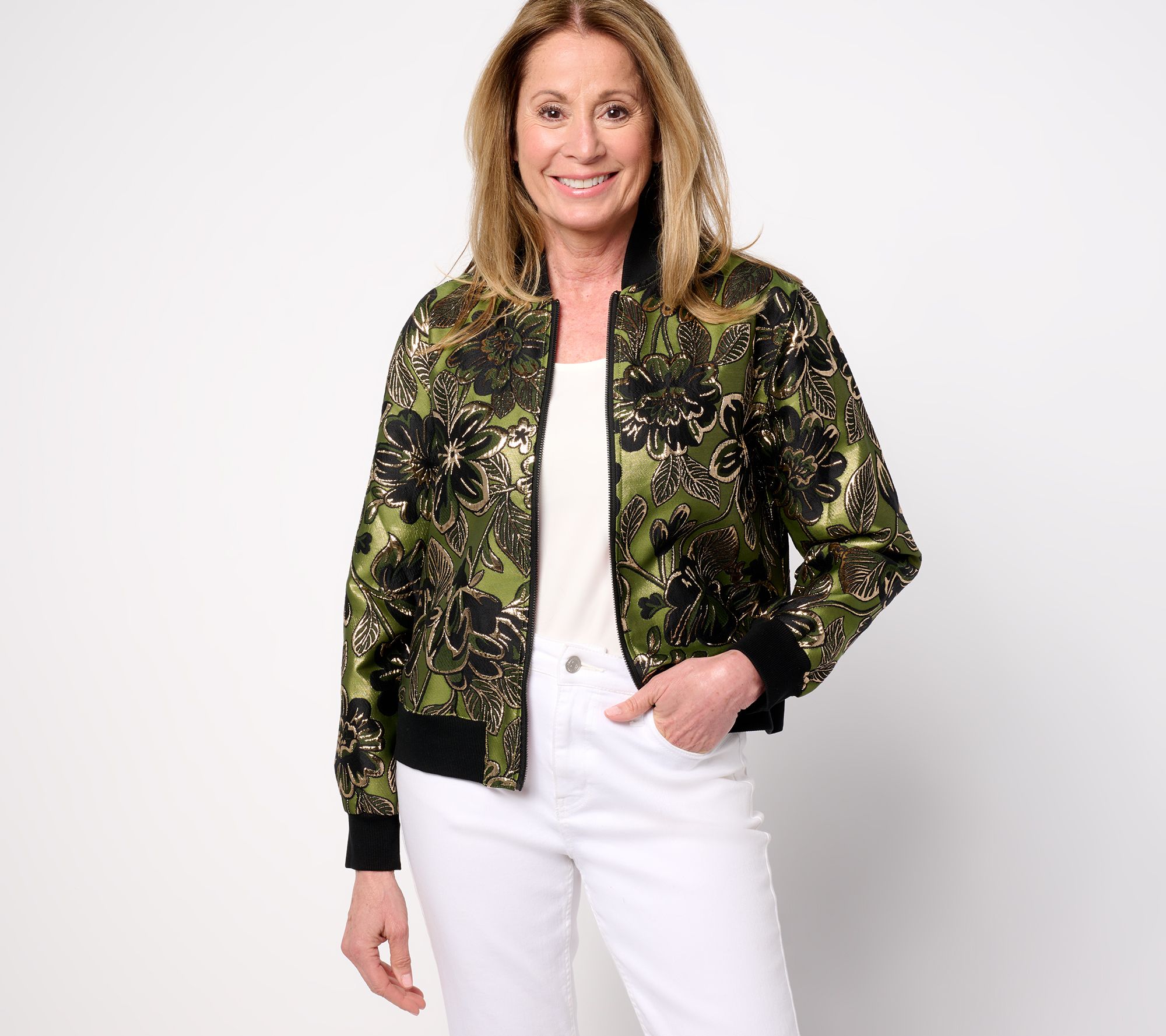 "As Is" by Stacy London Metallic Floral Brocade Bomber Jacket