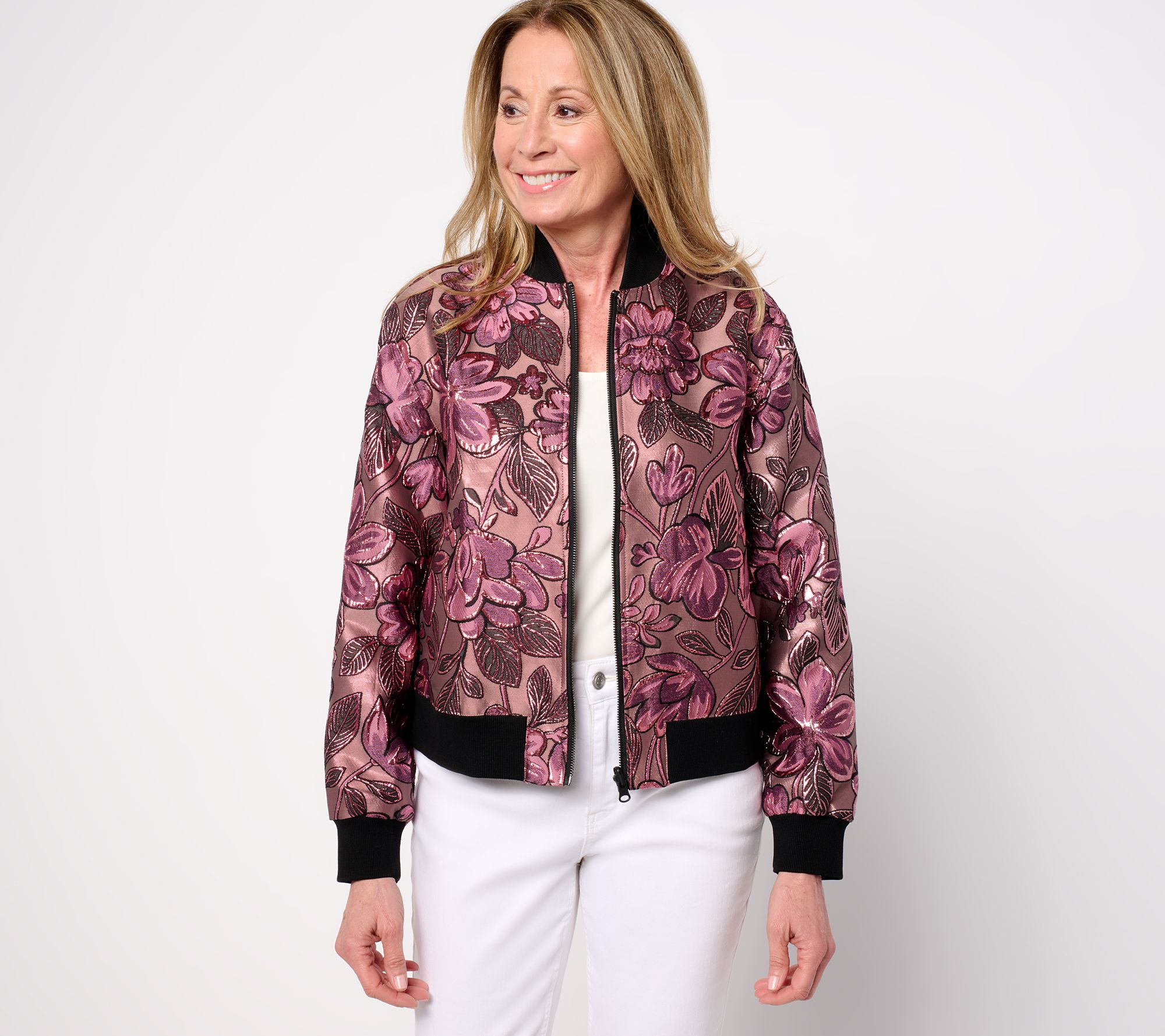 "As Is" by Stacy London Metallic Floral Brocade Bomber Jacket
