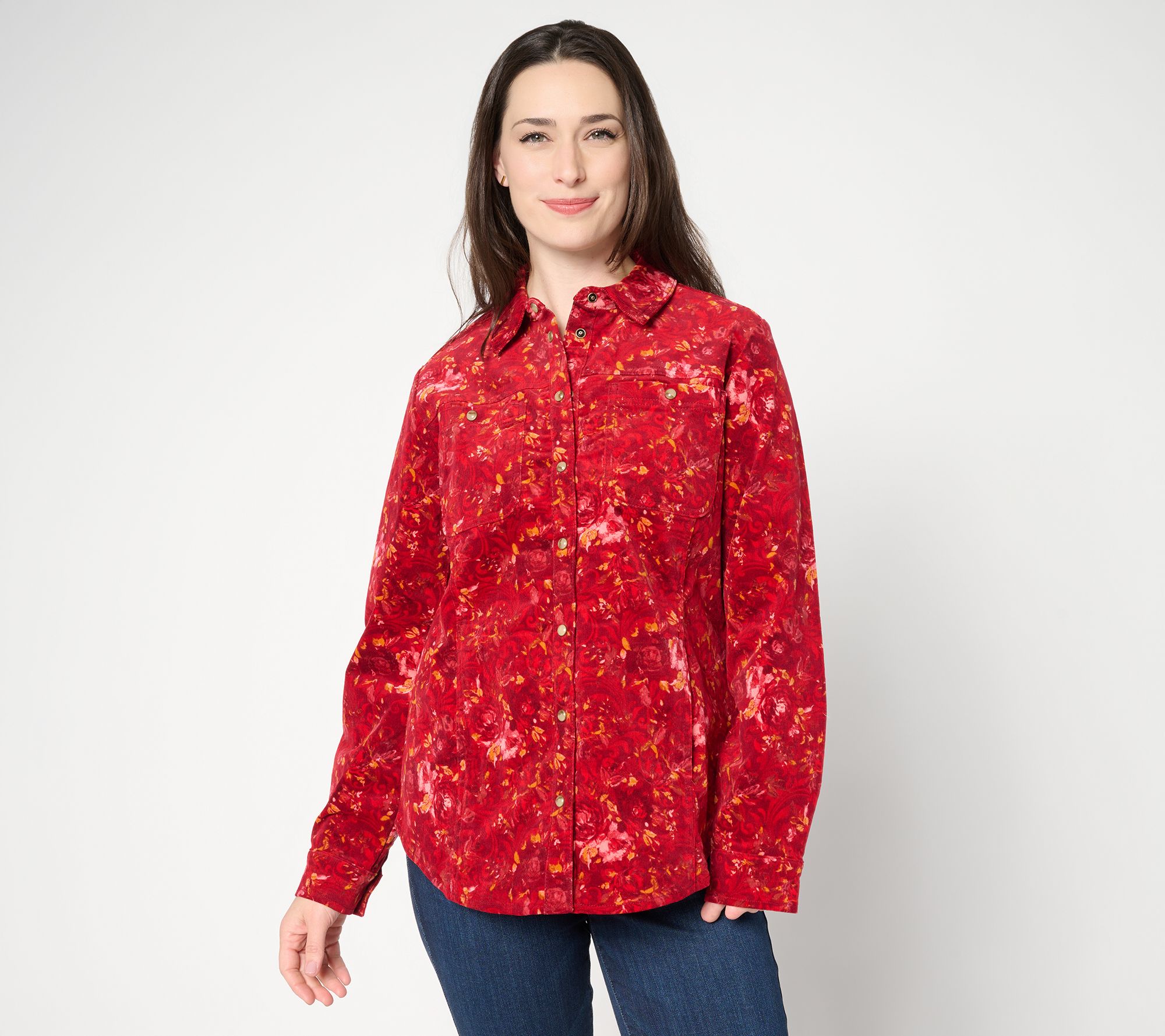 Joan Rivers Printed Floral Corduroy Snap Front Shirt