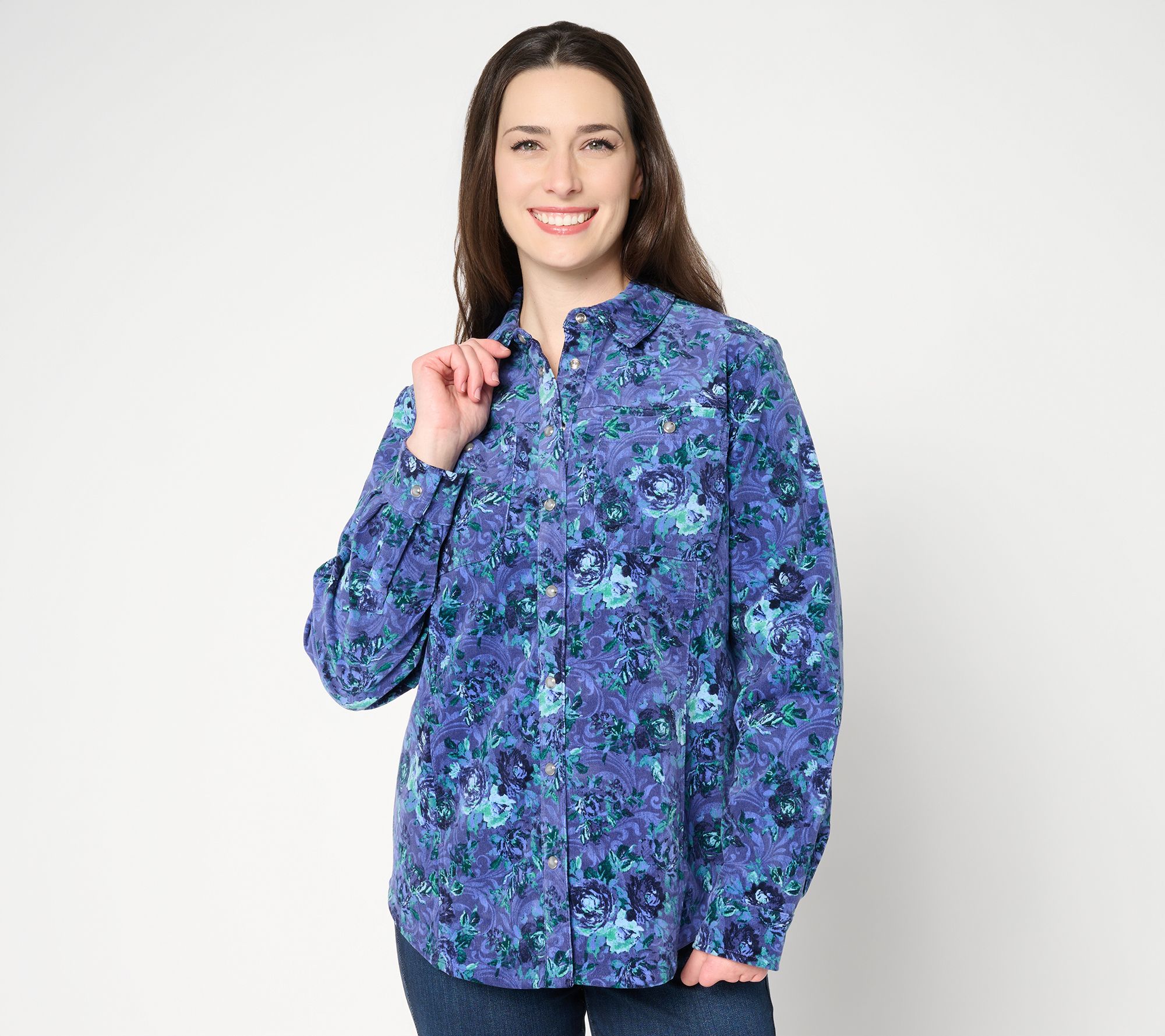 Joan Rivers Printed Floral Corduroy Snap Front Shirt