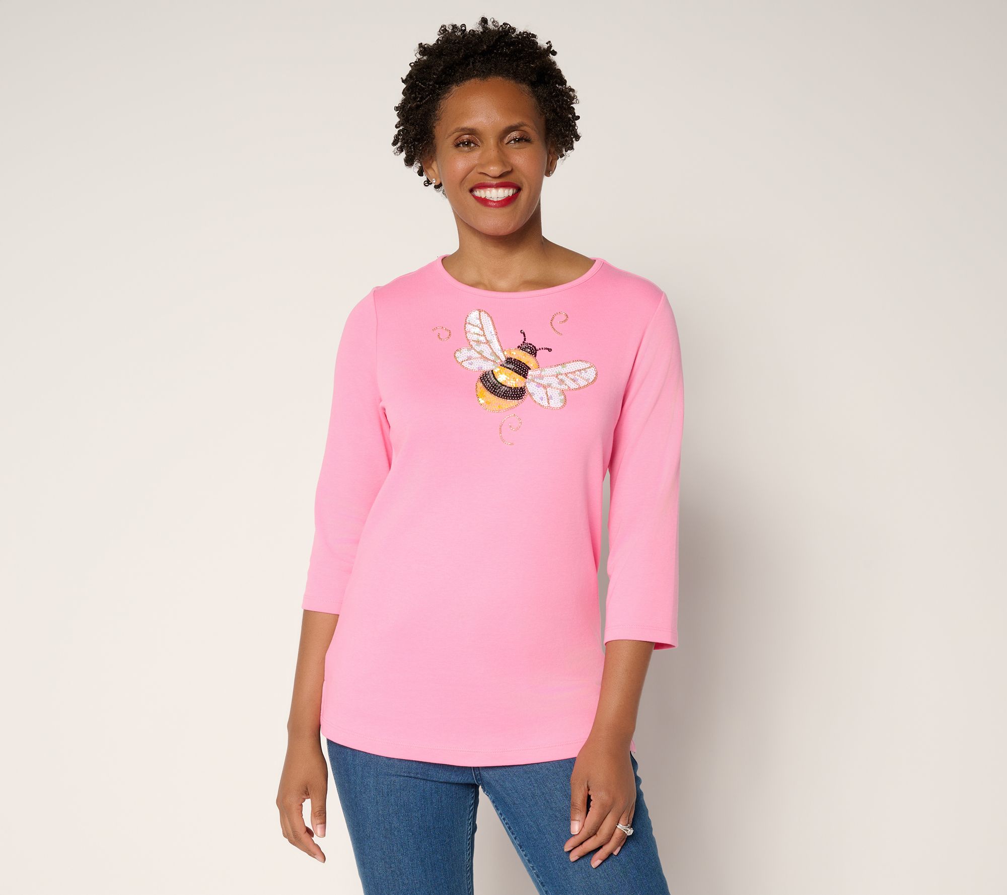 "As Is" Quacker Factory The Bee's Knees Sequins & Beads 3/4 Sleeve Top