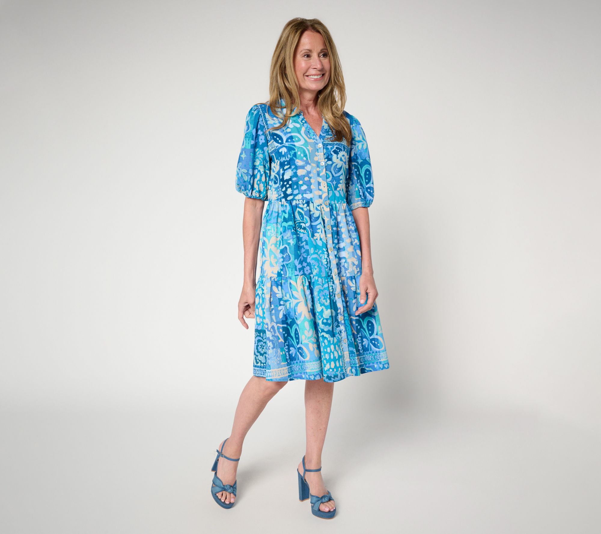 "As Is" Susan Graver Petite Printed St. Tropez Button Front Dress