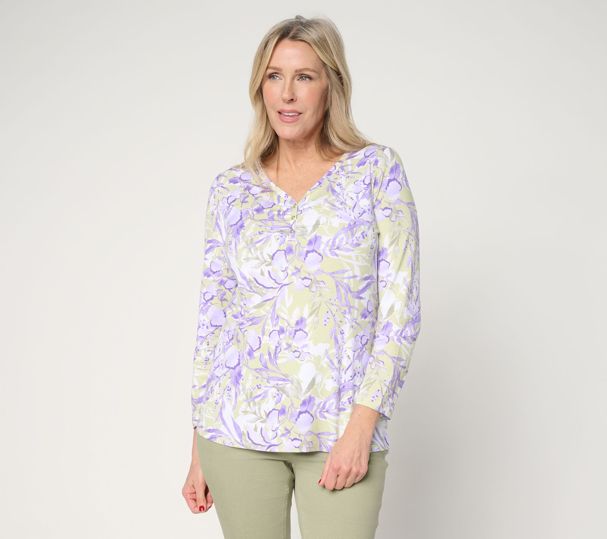  Denim & Co. So Soft Jersey Bracelet Sleeve Sweetheart Neck Printed Top