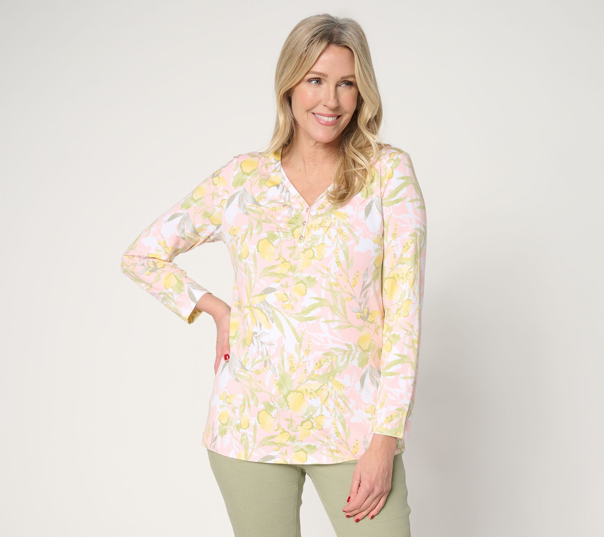 Denim & Co. So Soft Jersey Bracelet Sleeve Sweetheart Neck Printed Top