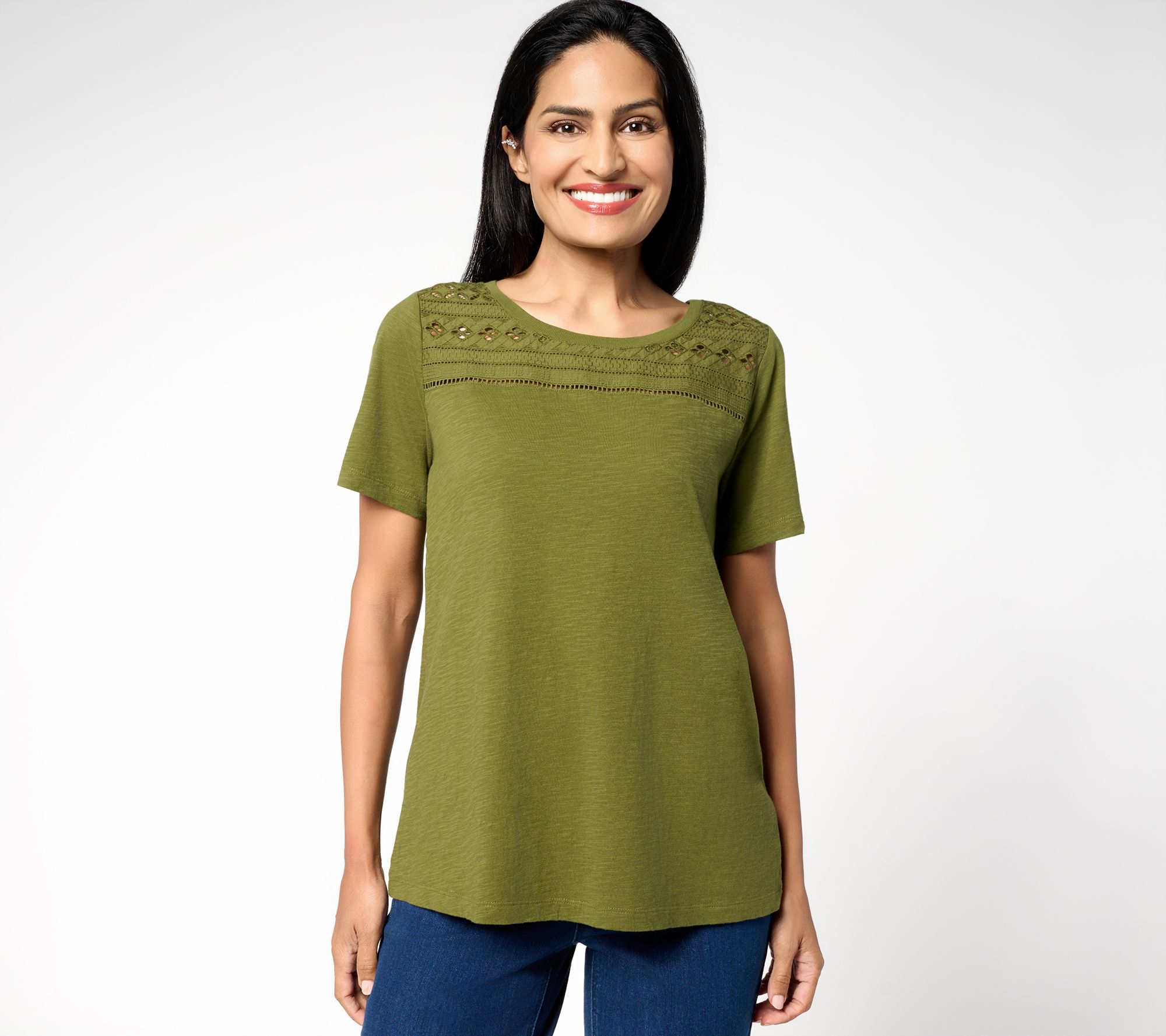 "As Is" Susan Graver Weekend Textured Cotton Top with Embroidery Trim