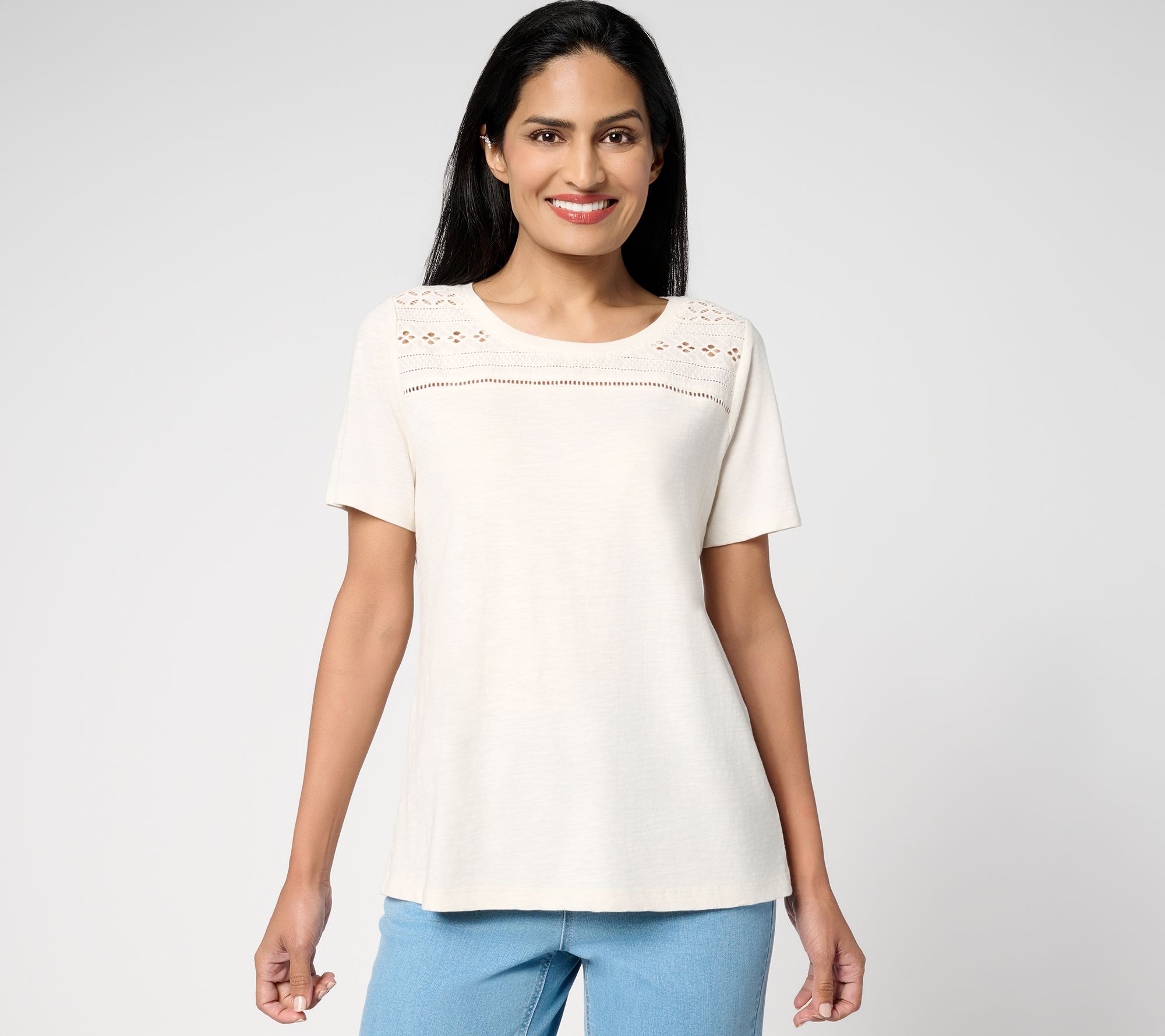 "As Is" Susan Graver Weekend Textured Cotton Top with Embroidery Trim