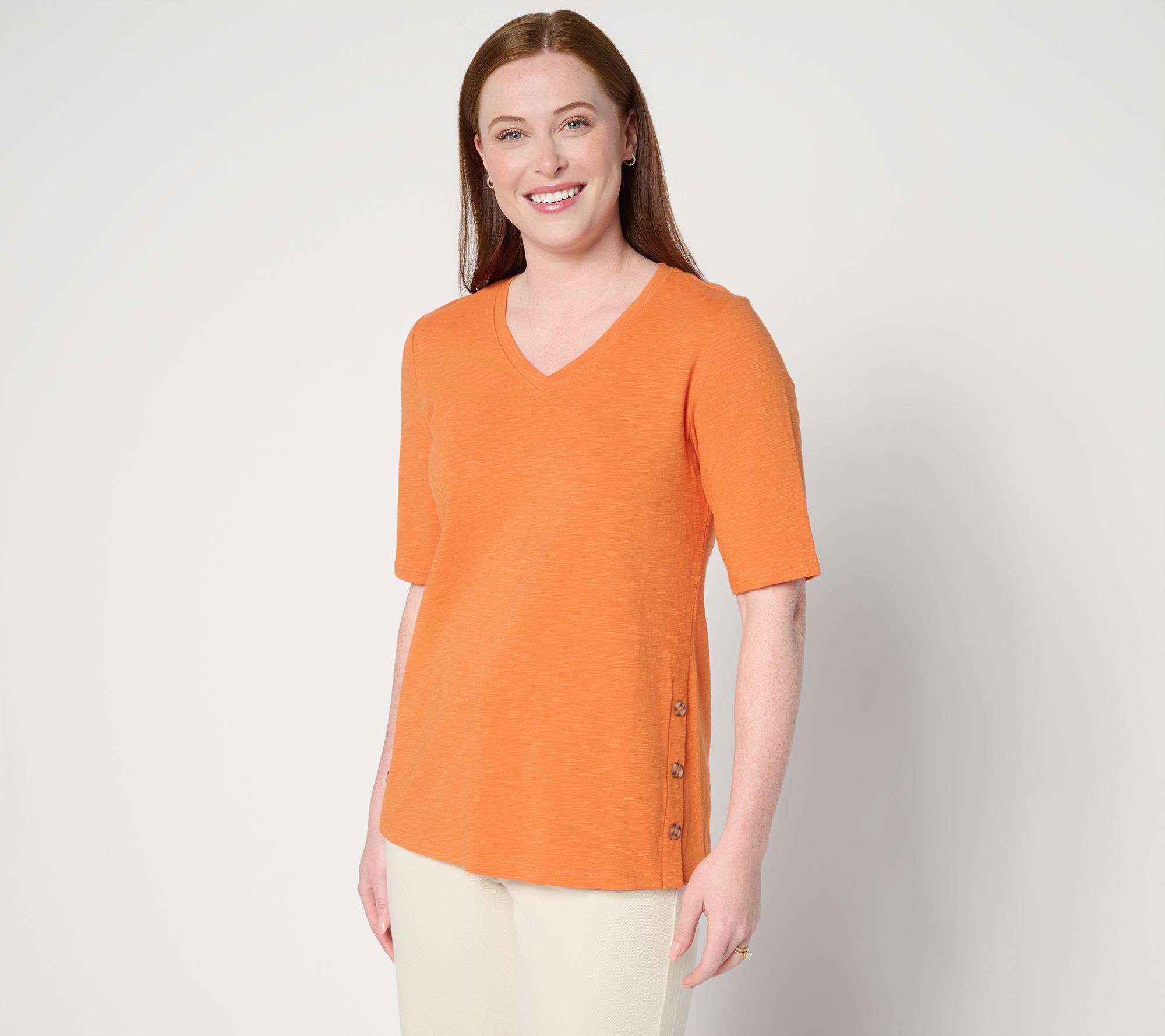 "As Is" Denim & Co. Texture Knit Elbow Sleeve Top w/ Side Button