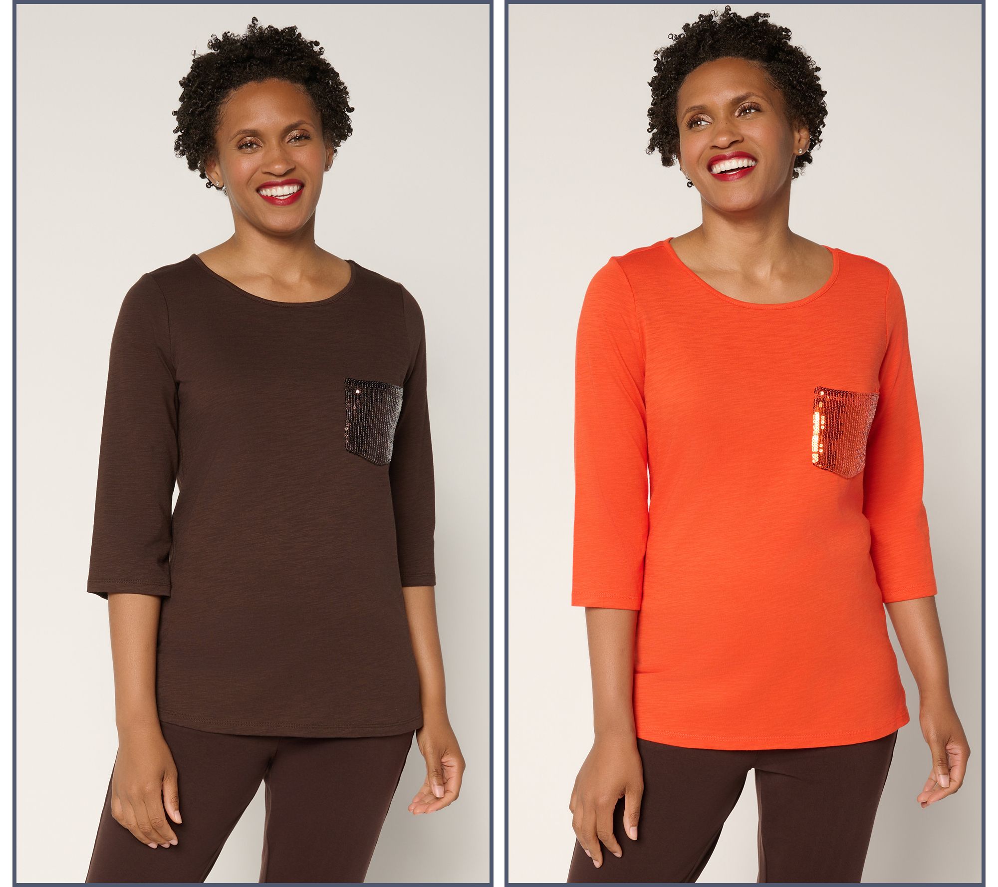 "As Is" Quacker Factory Set of 2 Sequin Pocket 3/4 Sleeve Tops