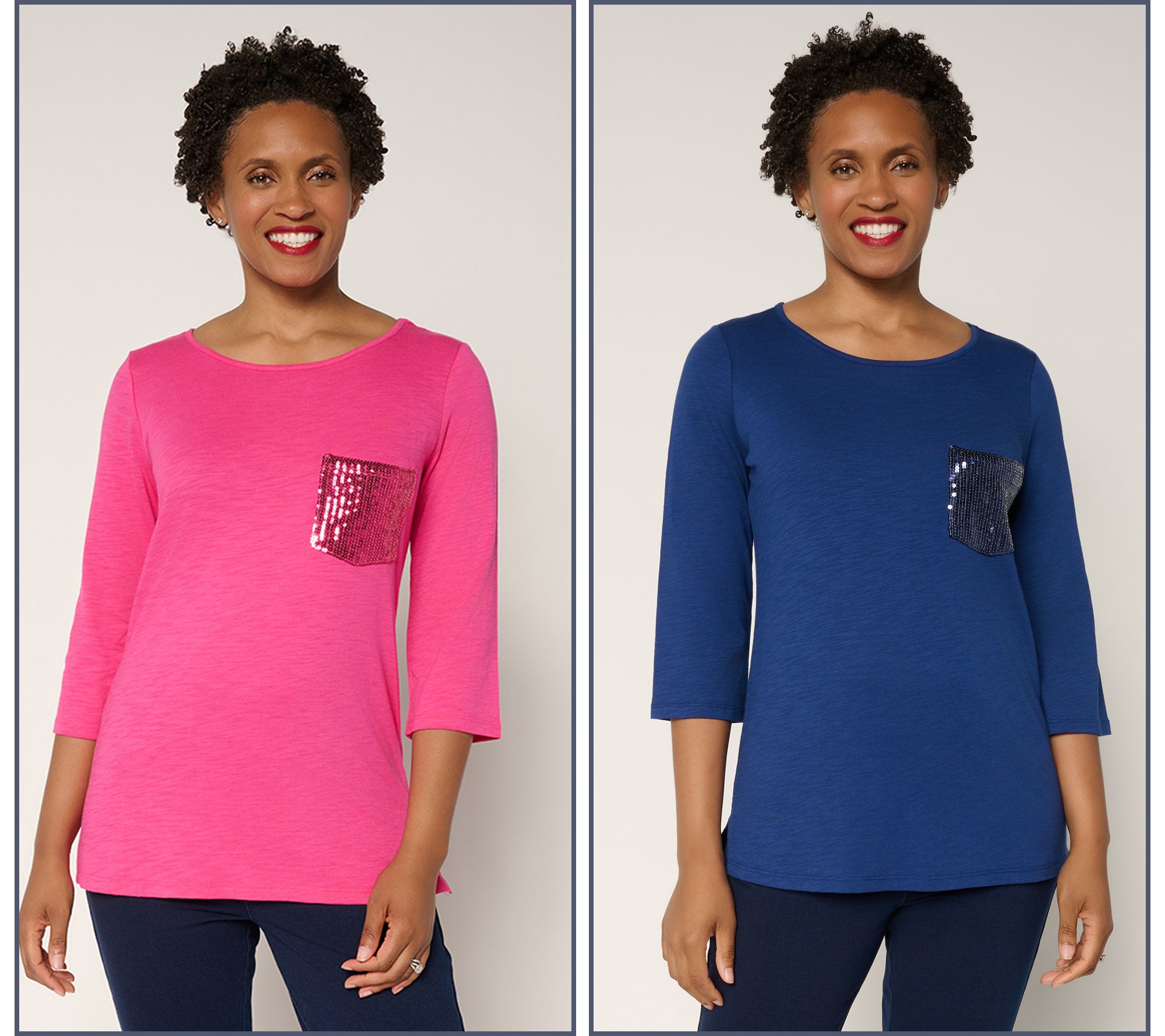 "As Is" Quacker Factory Set of 2 Sequin Pocket 3/4 Sleeve Tops