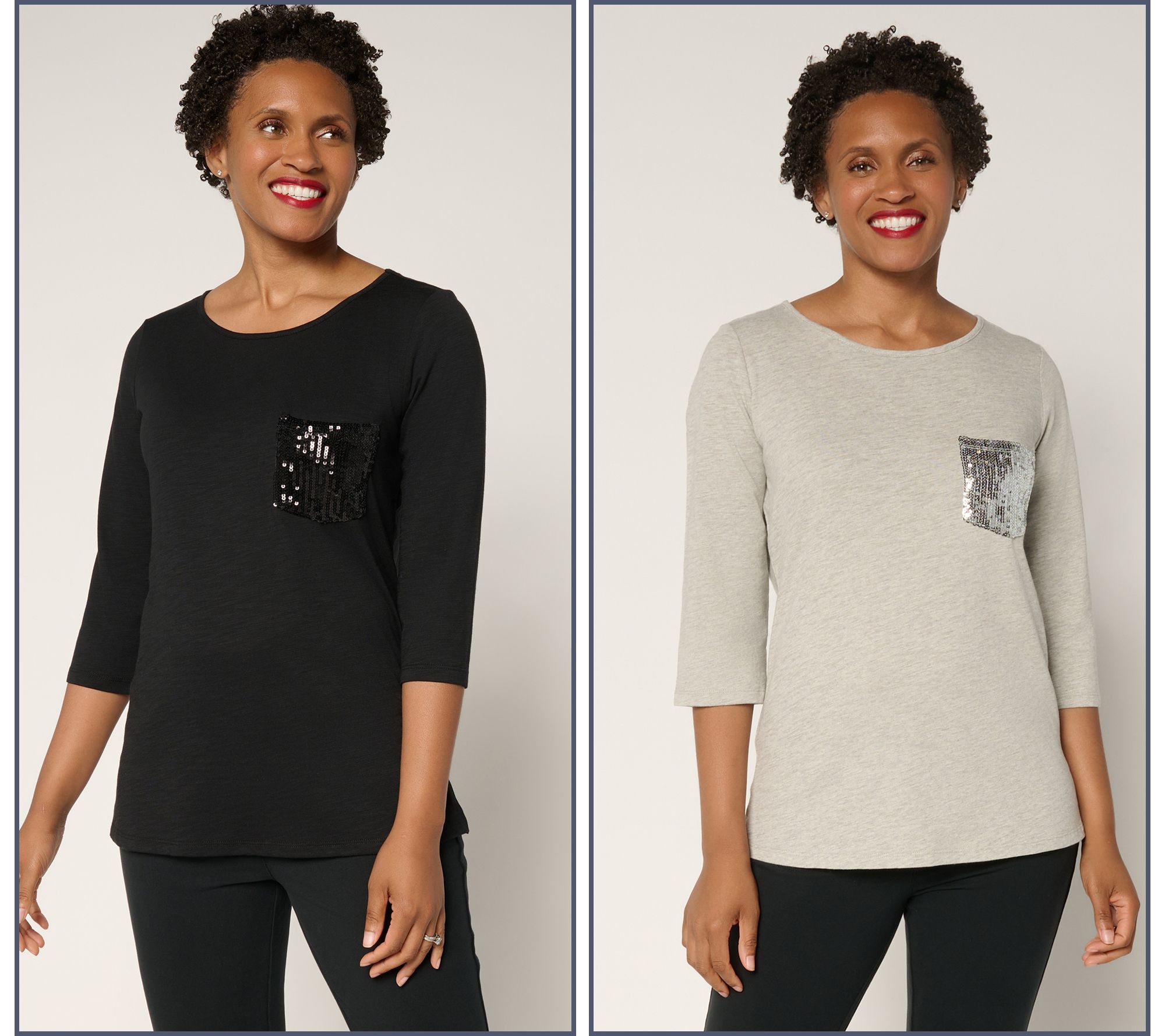 "As Is" Quacker Factory Set of 2 Sequin Pocket 3/4 Sleeve Tops