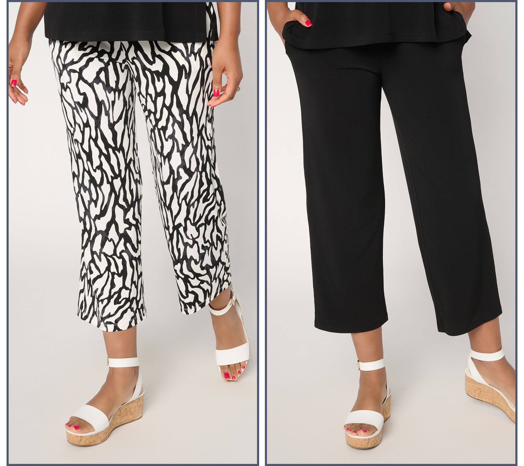 Susan Graver Regular Liquid Knit Set of 2 Print & Solid Crop Pants