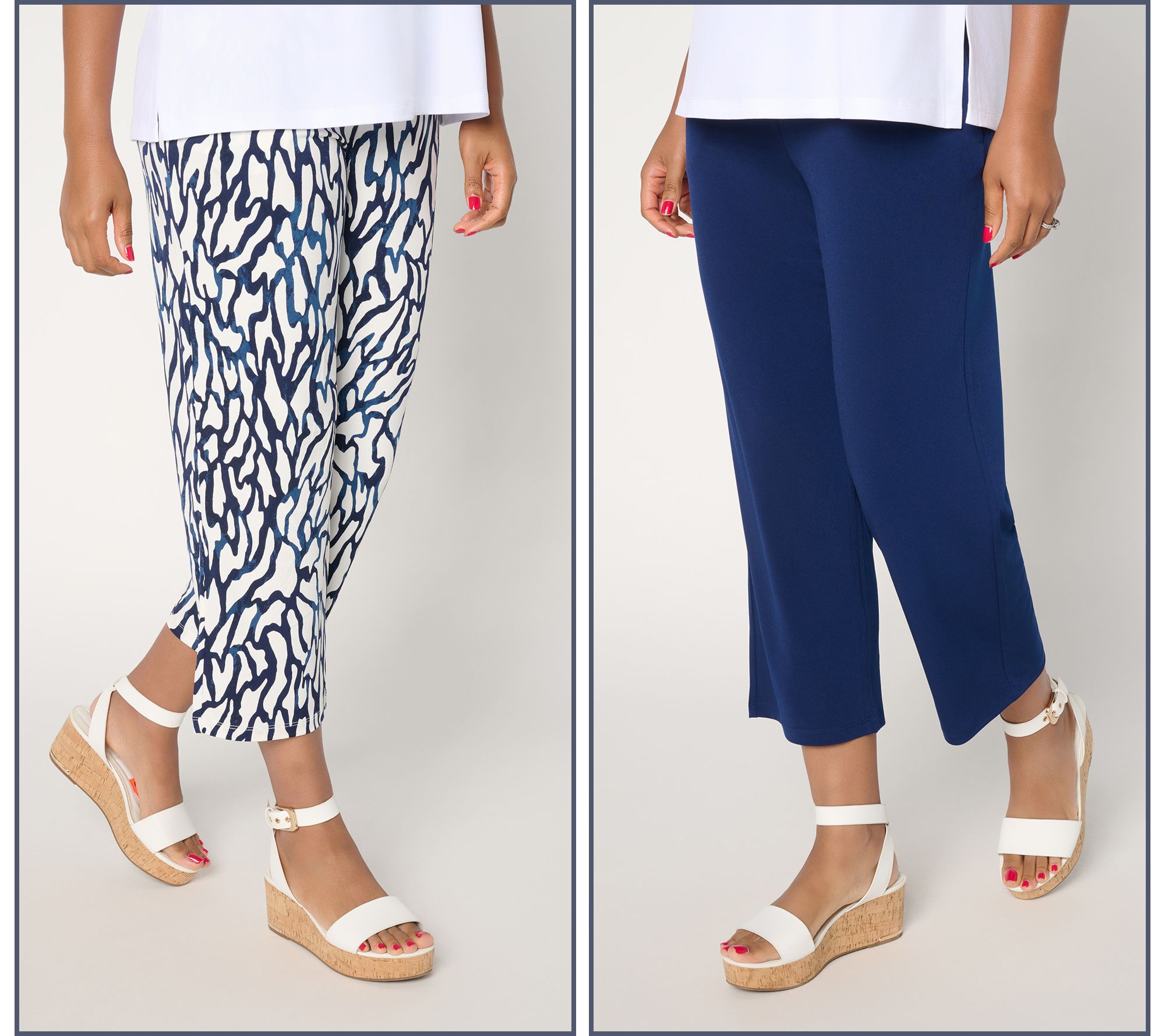 Susan Graver Regular Liquid Knit Set of 2 Print & Solid Crop Pants