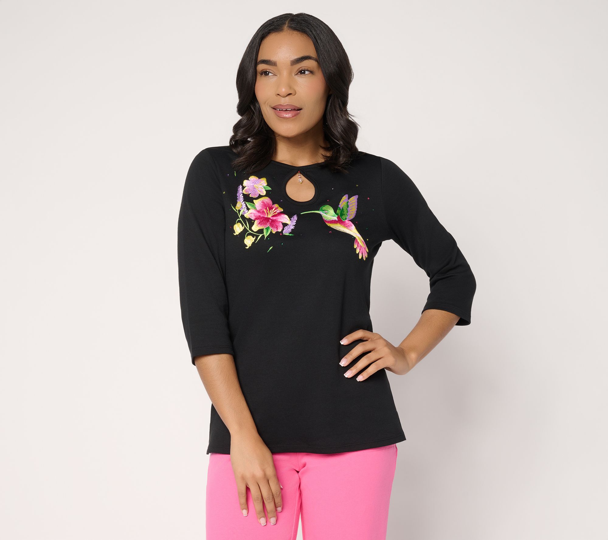 Quacker Factory Dixie Hummingbird Keyhole 3/4 Sleeve Top