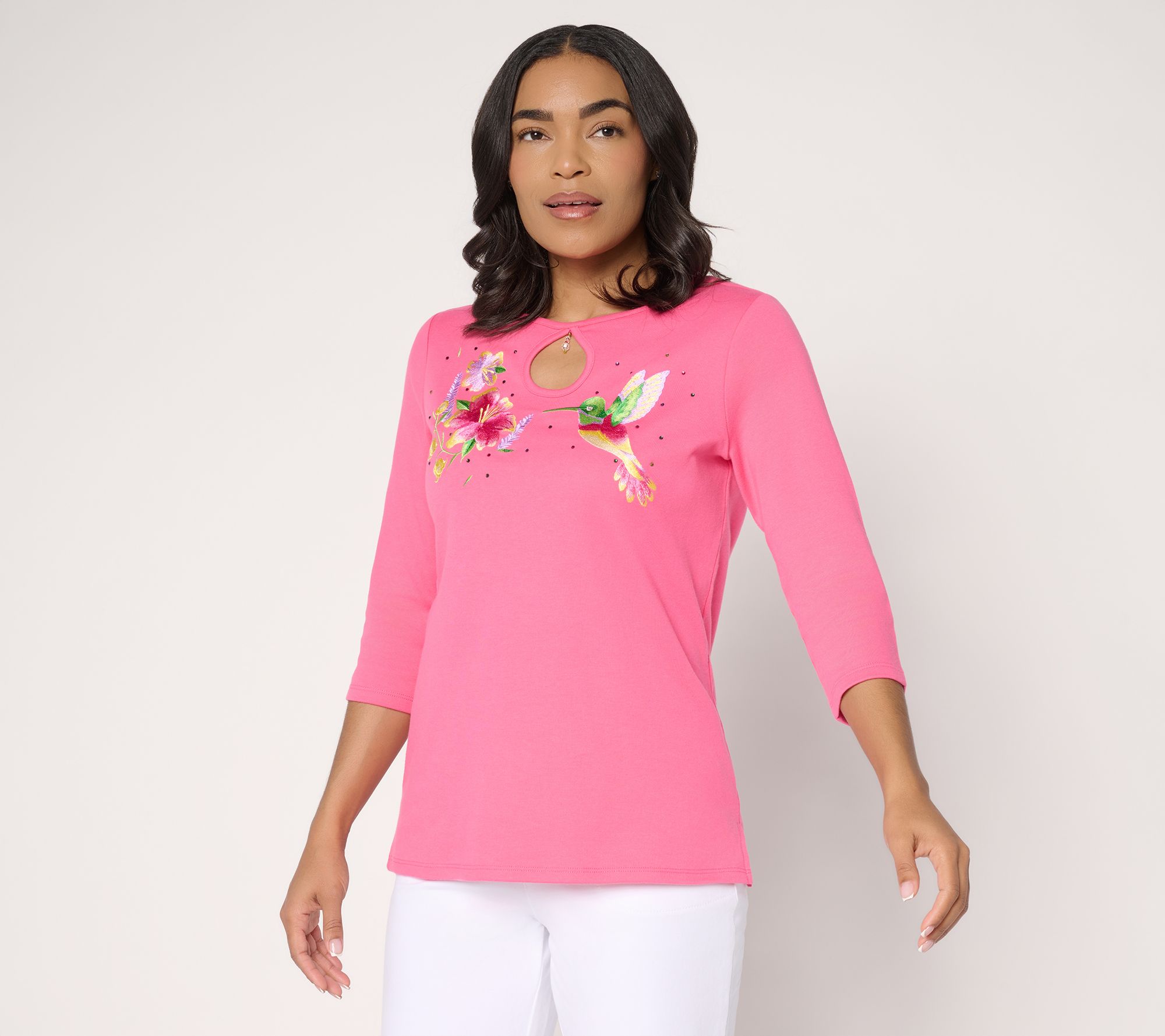 Quacker Factory Dixie Hummingbird Keyhole 3/4 Sleeve Top