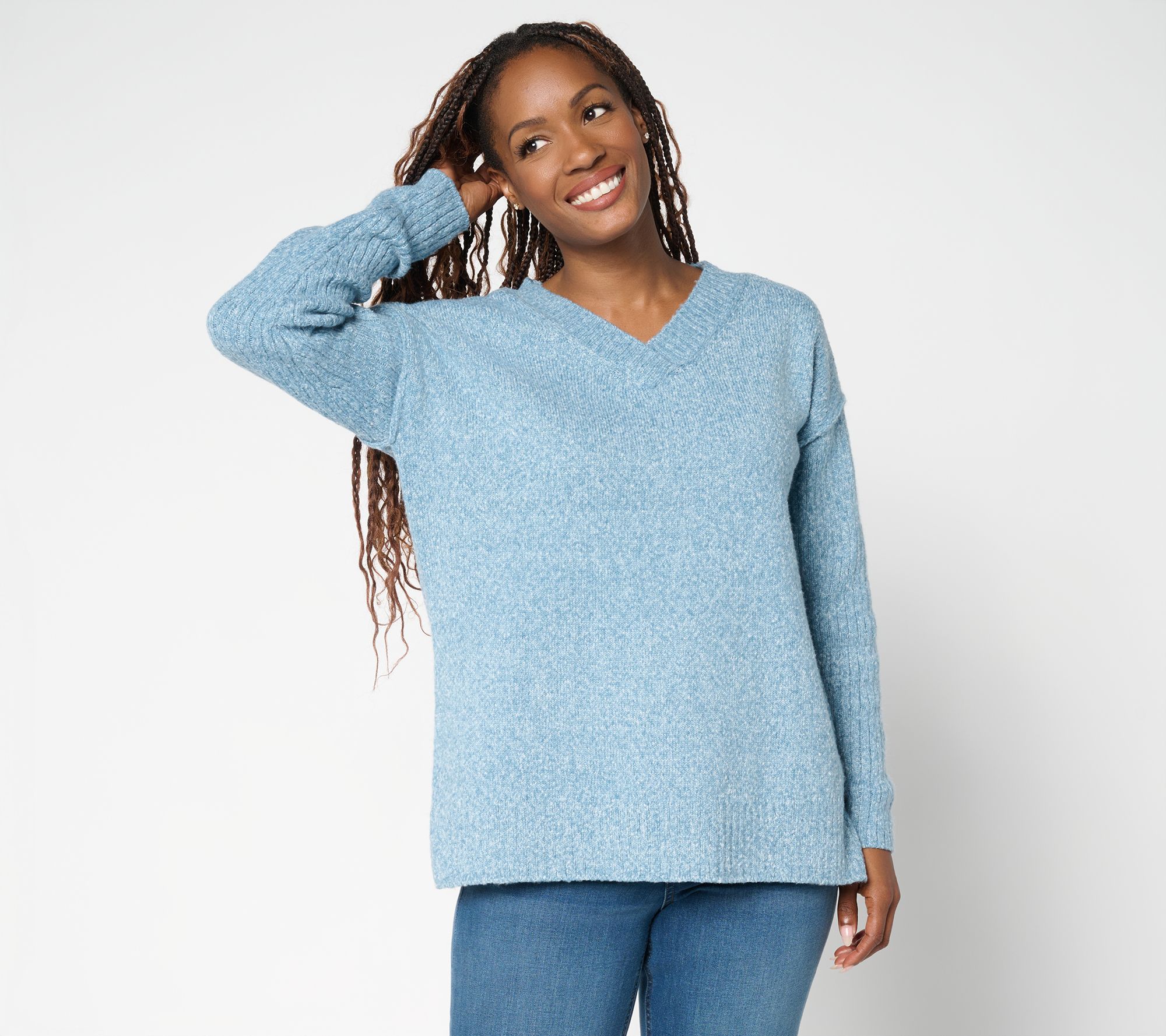 "As Is" Belle by Kim Gravel Boyfriend Ribbed & Jersey V-Neck Sweater