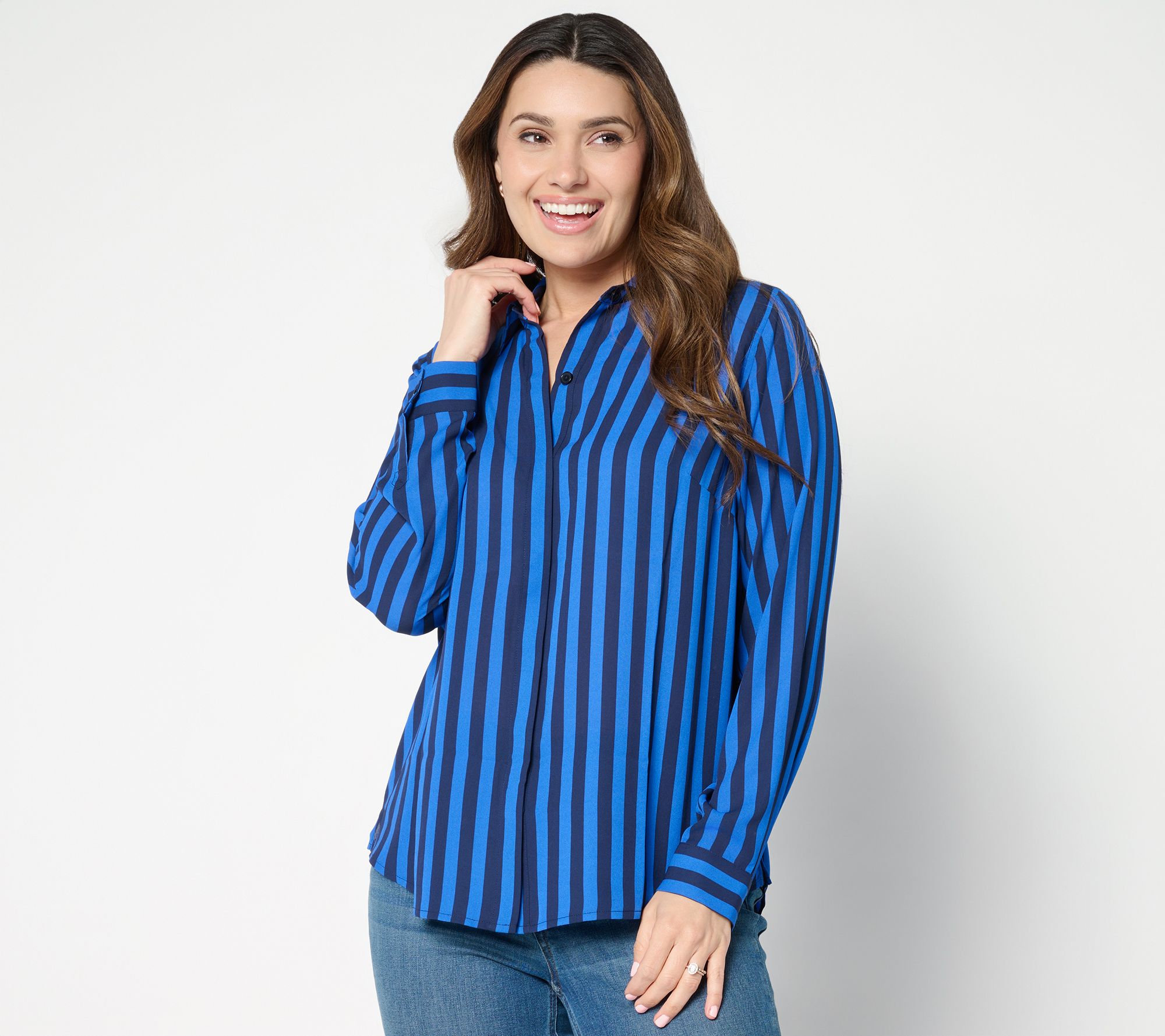 "As Is" Joan Rivers Printed Striped GeorgetteButton Front Blouse