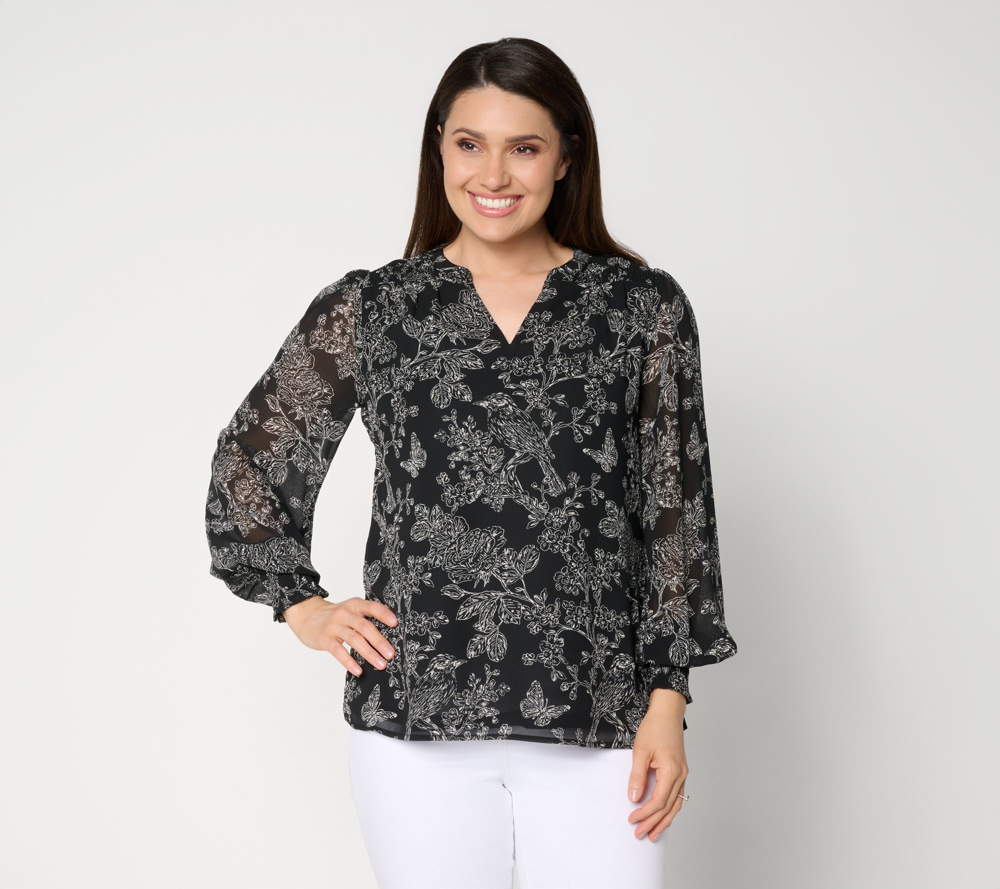 Belle by Kim Gravel Toile Smocked Trim Chiffon Blouse