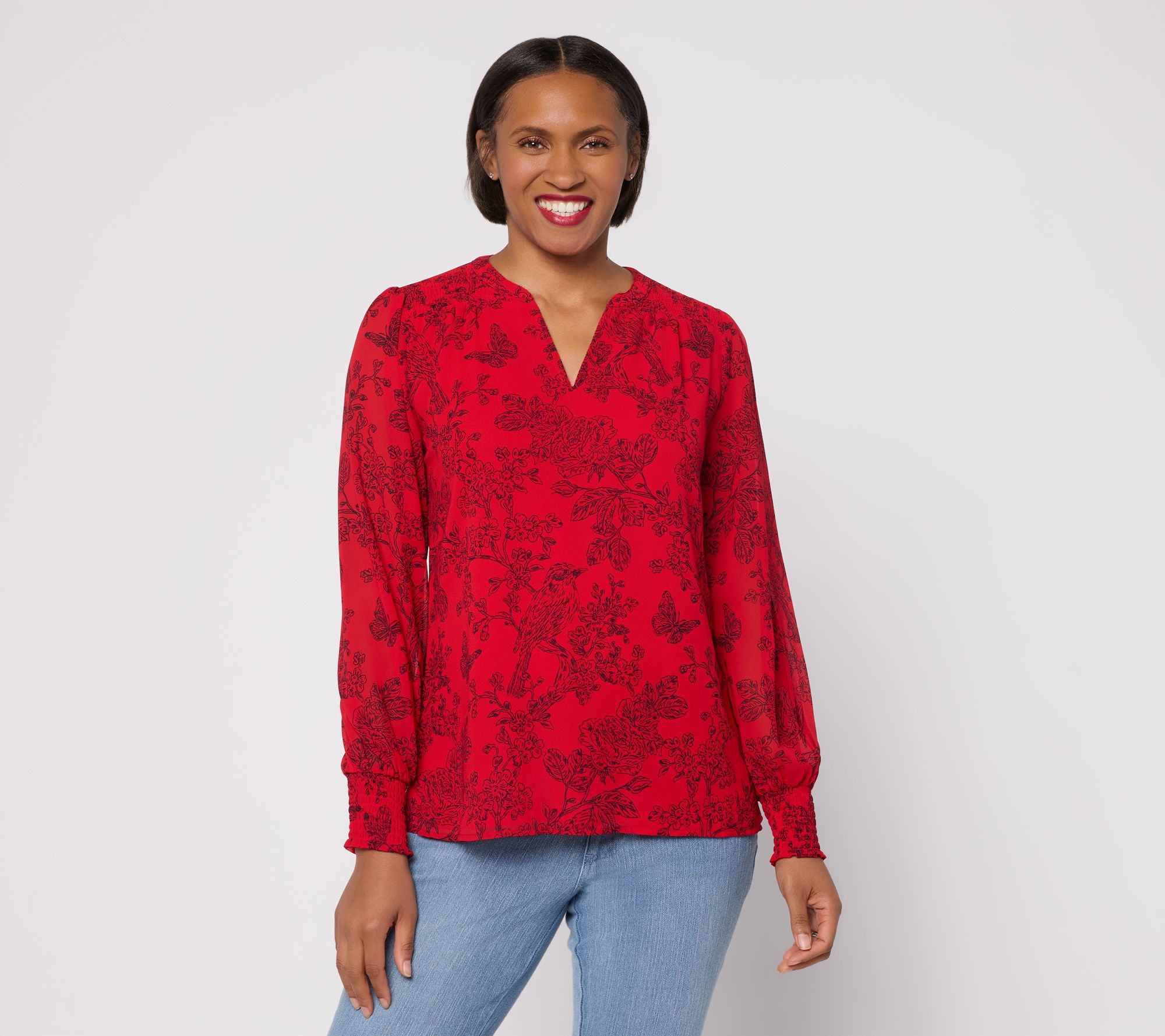 Belle by Kim Gravel Toile Smocked Trim Chiffon Blouse
