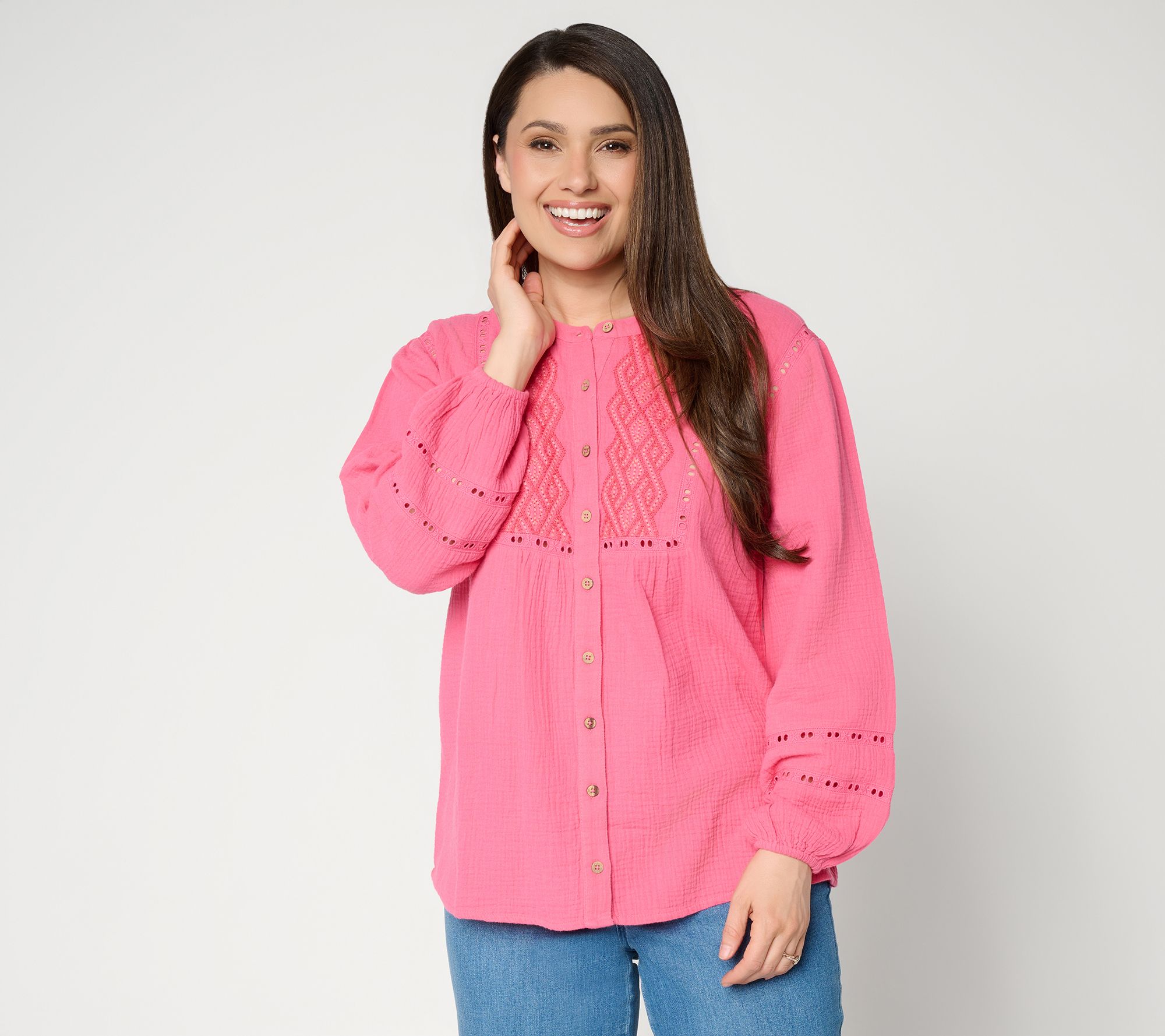 Susan Graver Petite Getaway Cotton Gauze Tunic with Embroidery