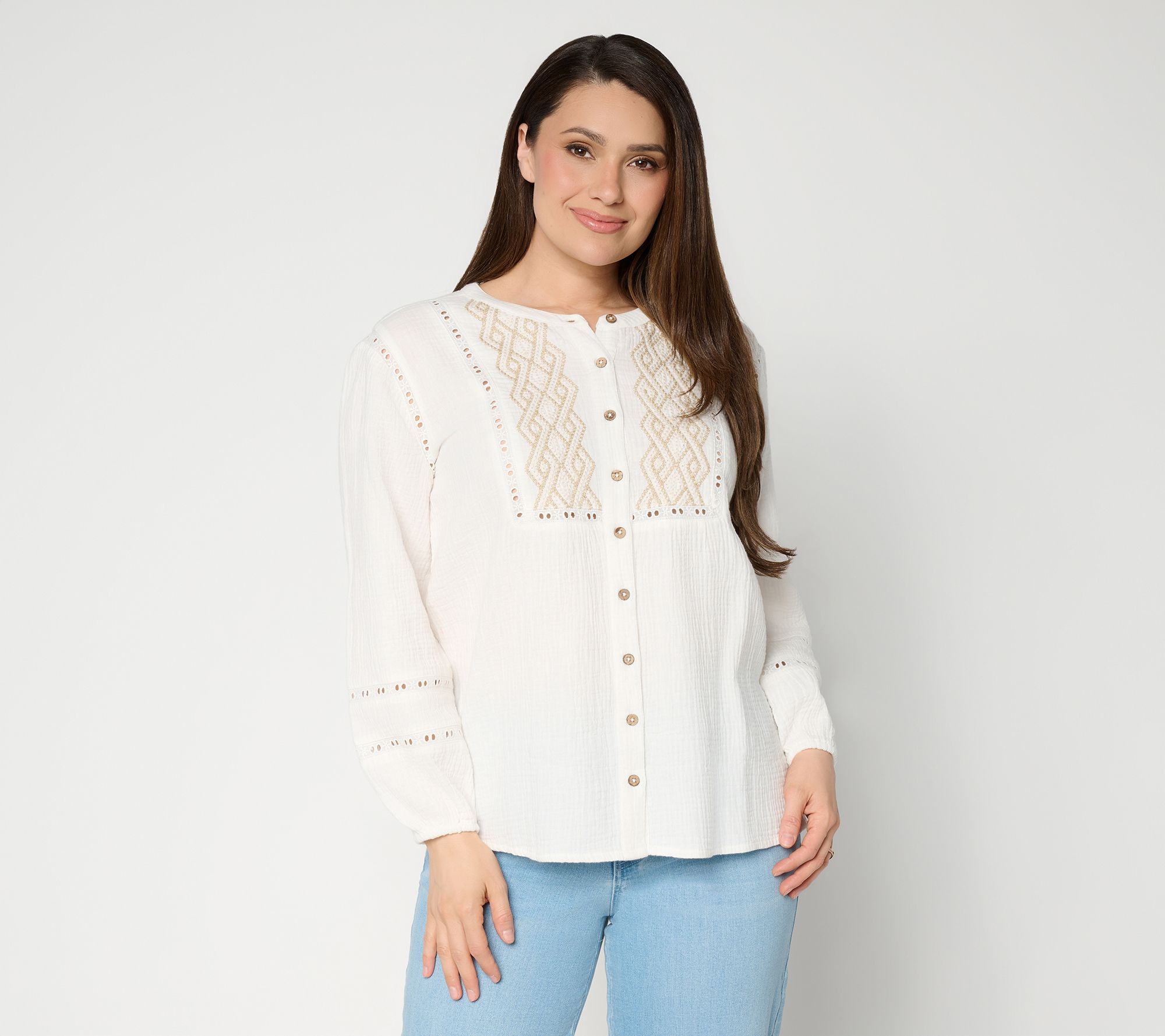 Susan Graver Petite Getaway Cotton Gauze Tunic with Embroidery