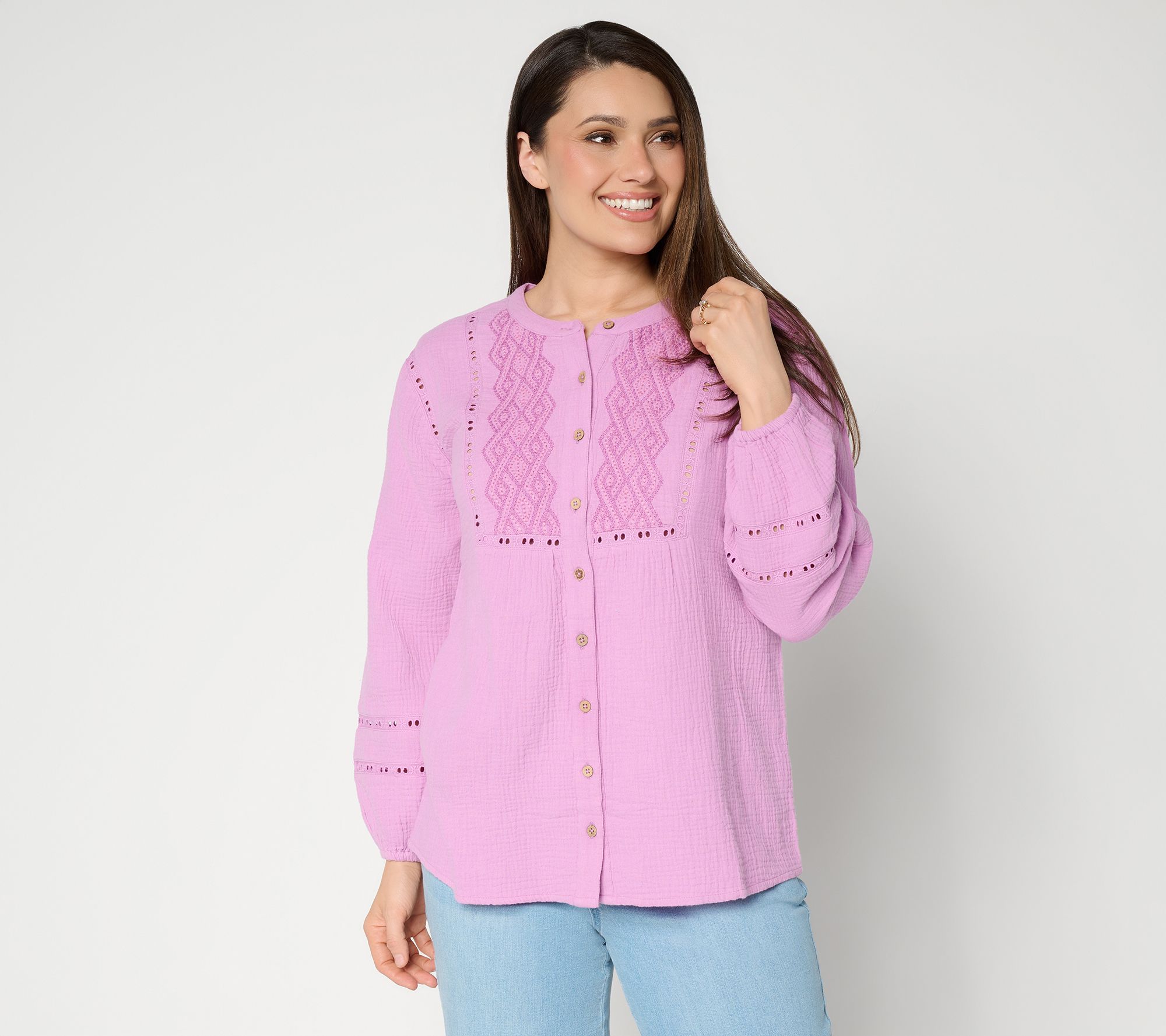 Susan Graver Petite Getaway Cotton Gauze Tunic with Embroidery