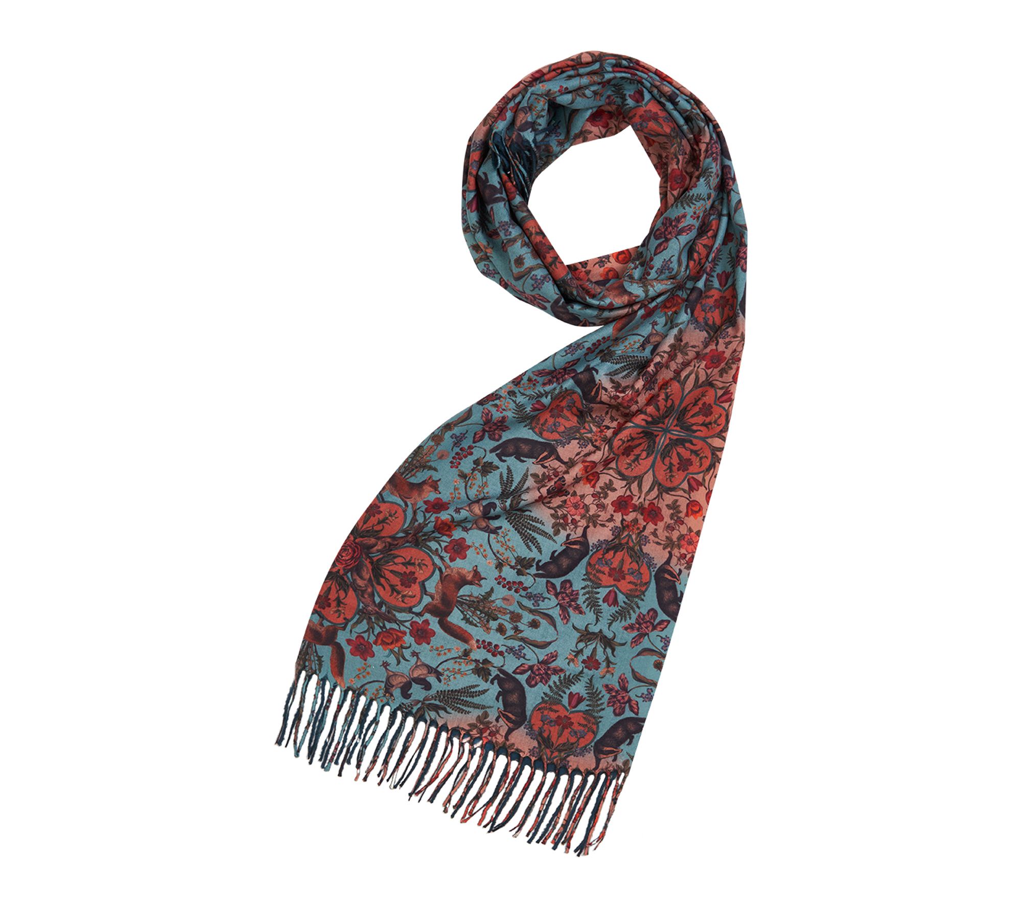 Fable England Folksy Fox Teal Scarf with Tassels