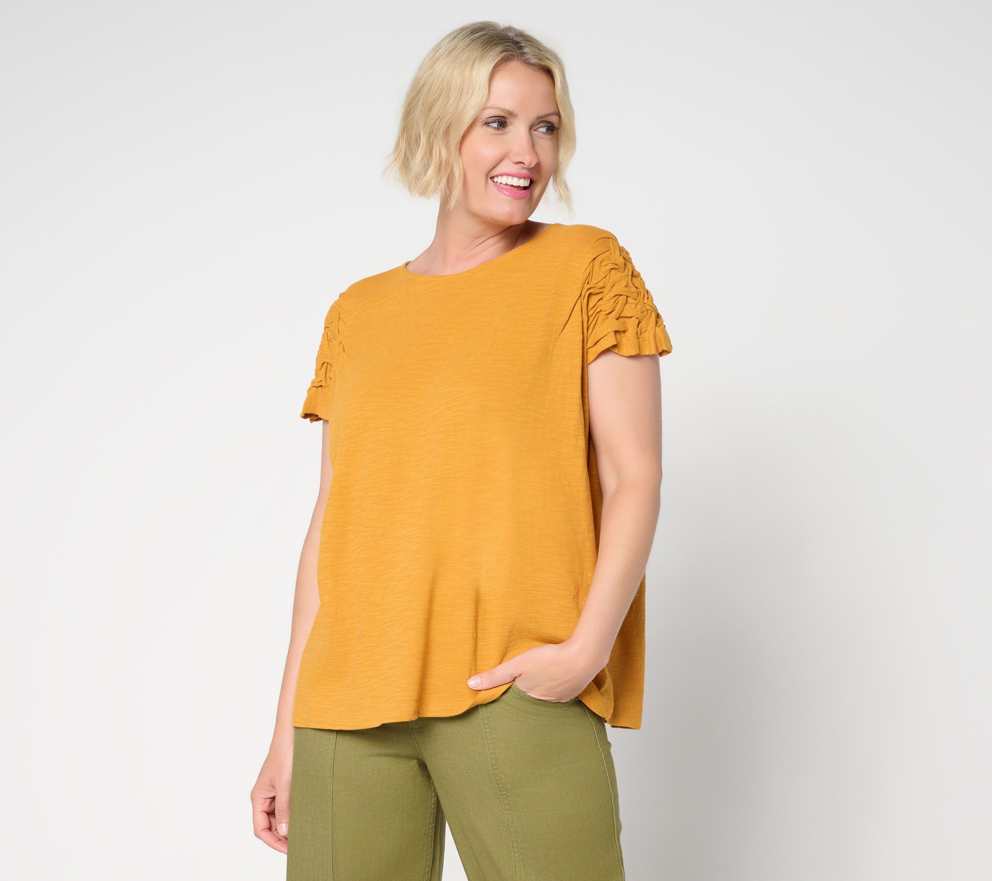 "As Is" LOGO by Lori Goldstein 100% Cotton Braided Sleeve Top