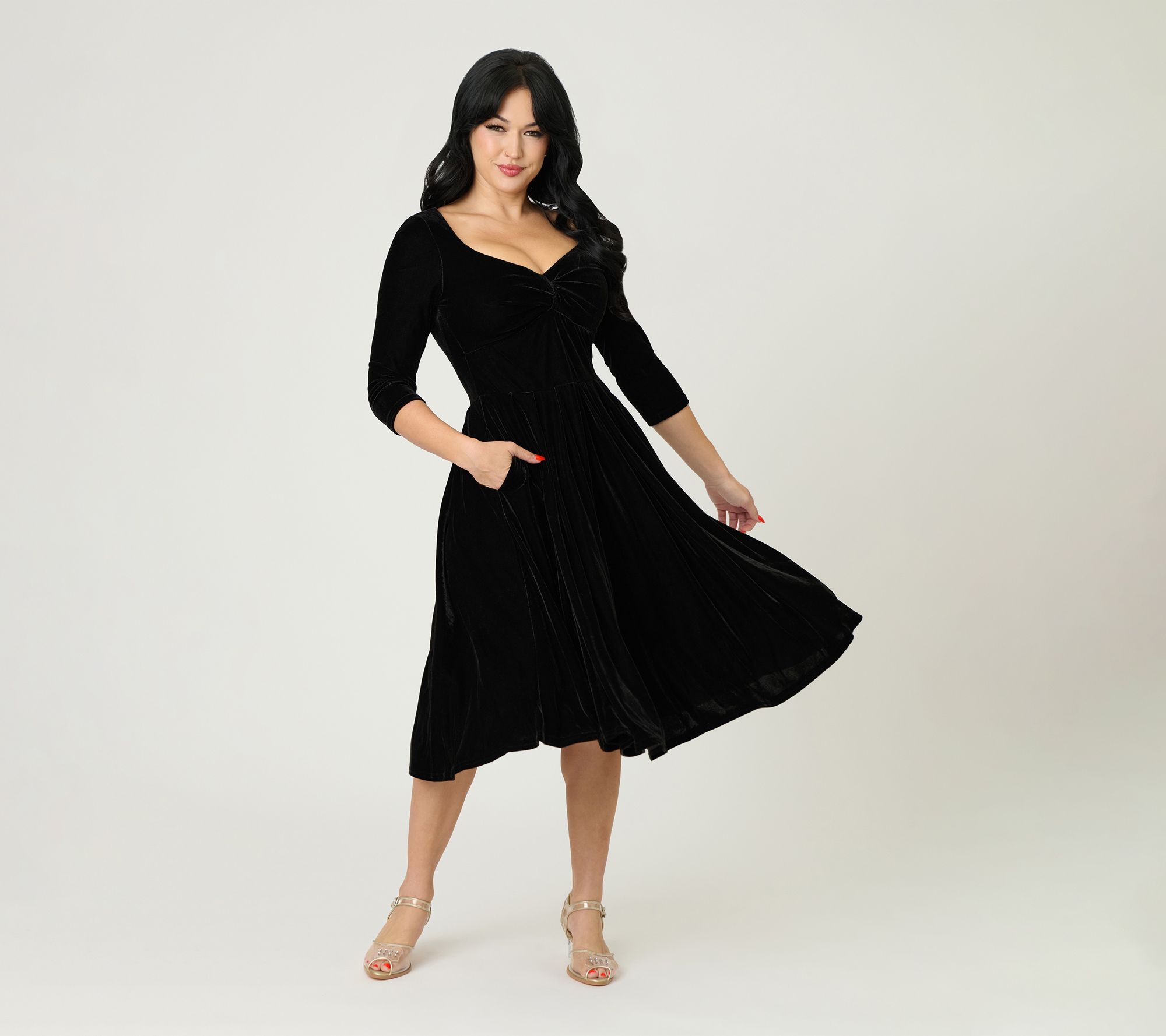  Unique Vintage Black Velvet Front Twist Swing Dress