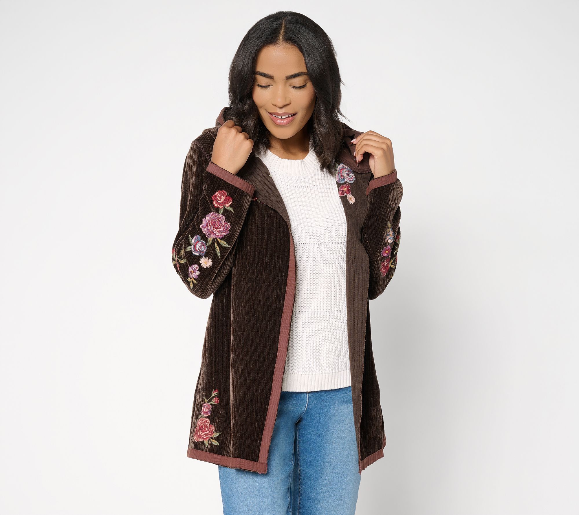 "As Is" Driftwood Jeans Corded Shelly Kimono Embroid- Bows & Roses