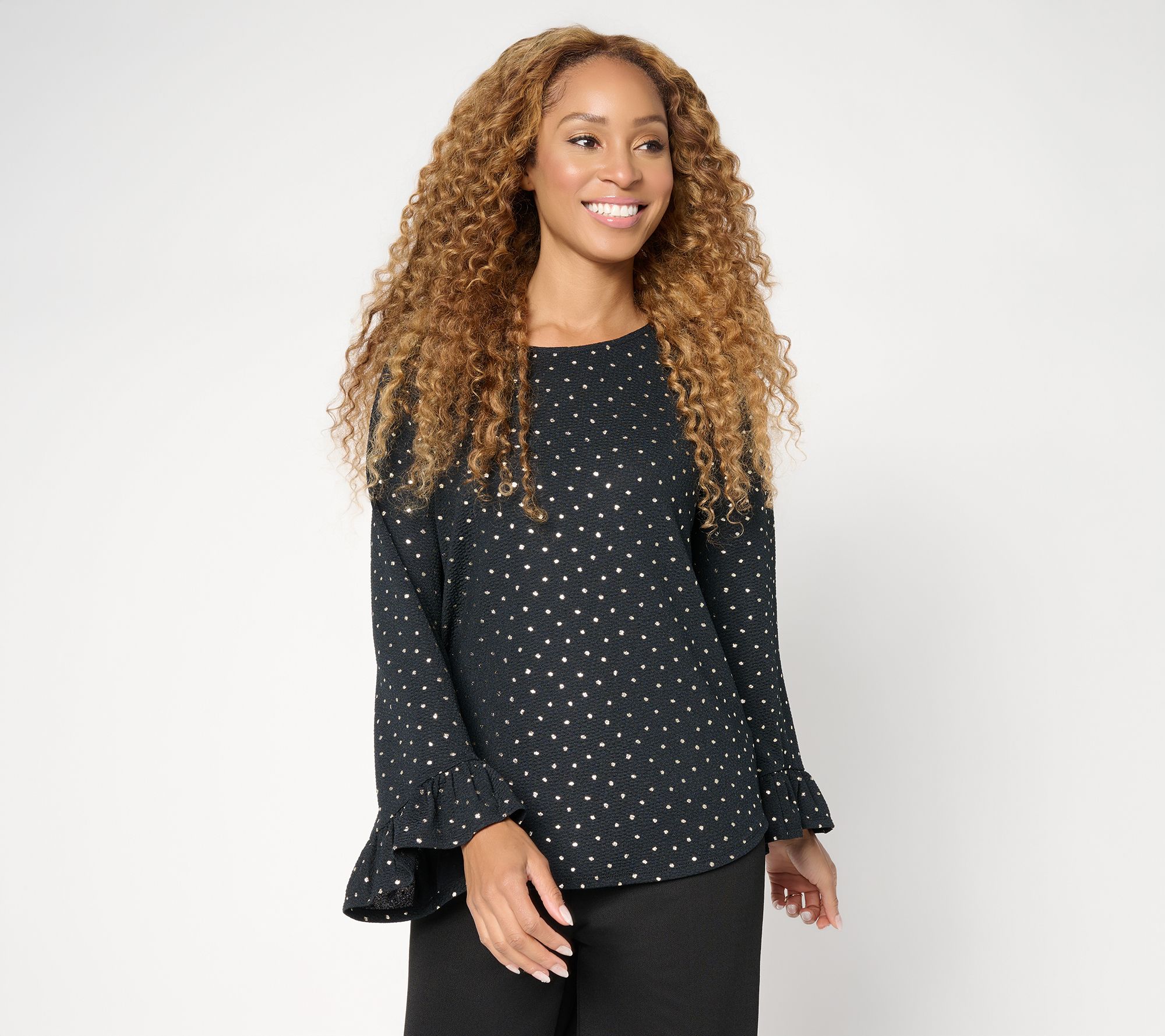 "As Is" Dennis Basso Textured Knit Flounce Sleeve Top