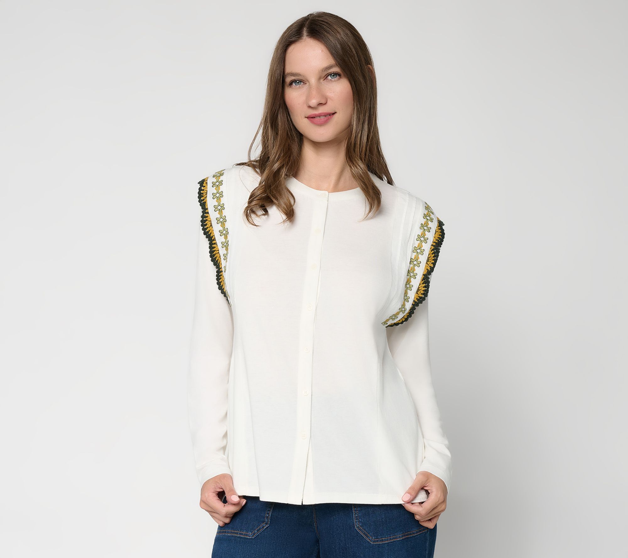 LOGO by Lori Goldstein Button Front Knit Top with Embroidery