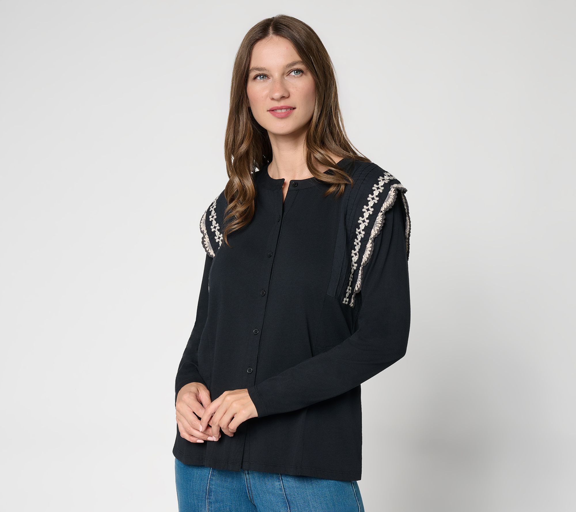 LOGO by Lori Goldstein Button Front Knit Top with Embroidery