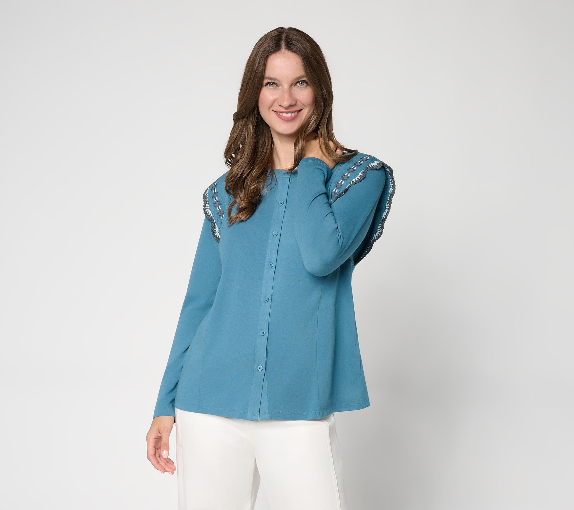 LOGO by Lori Goldstein Button Front Knit Top with Embroidery