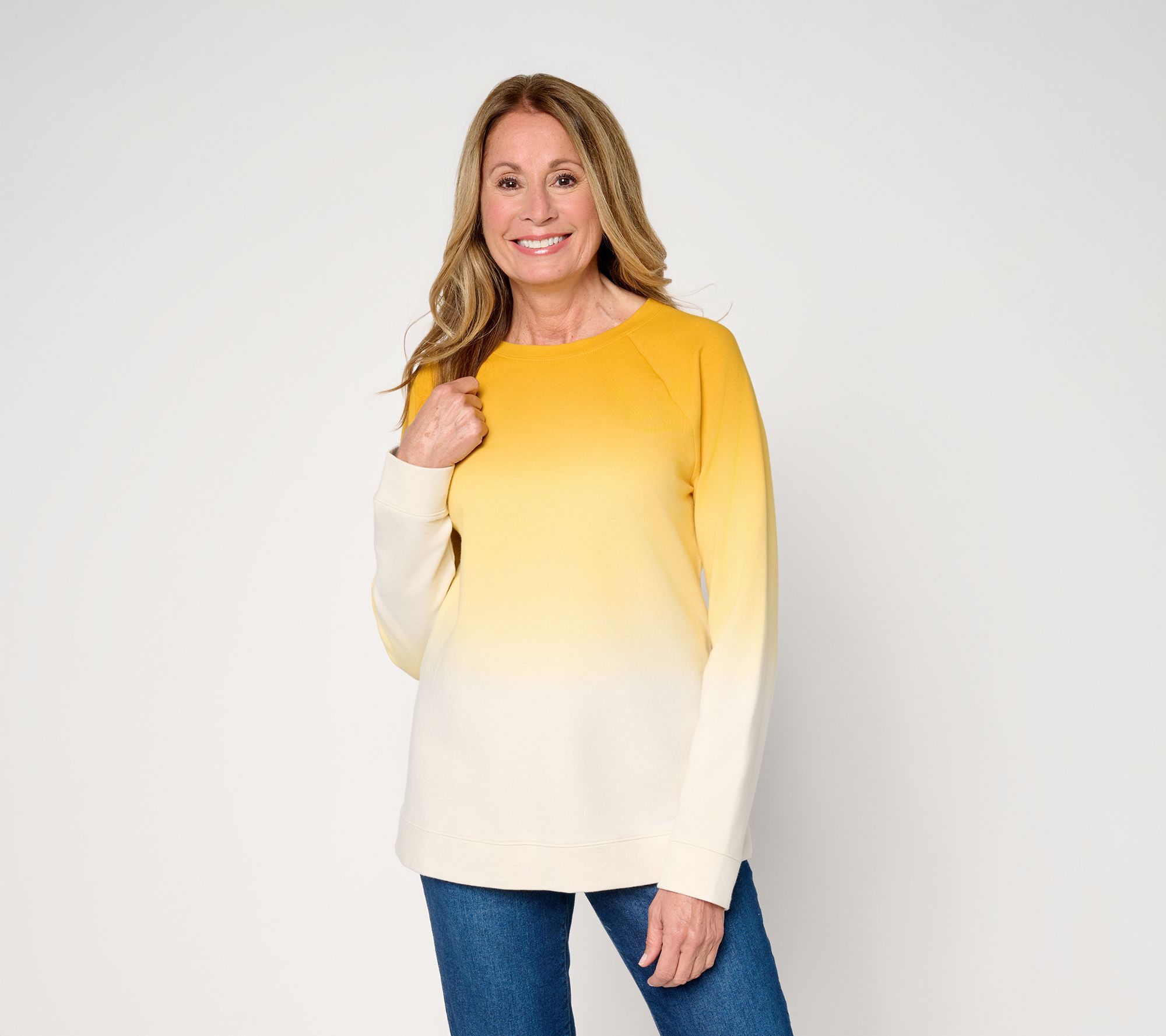 "As Is" Denim & Co. French Terry Dip Dye Crew Neck Raglan Top